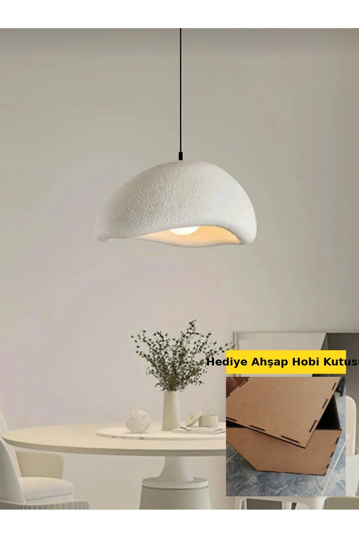 Ferisa Home 35 Cm Ahşap Hobi Kutu Hediye Wabi Sabi Modern Iskandinav Bone Beton Dokulu Salon Avizesi Beton Avize
