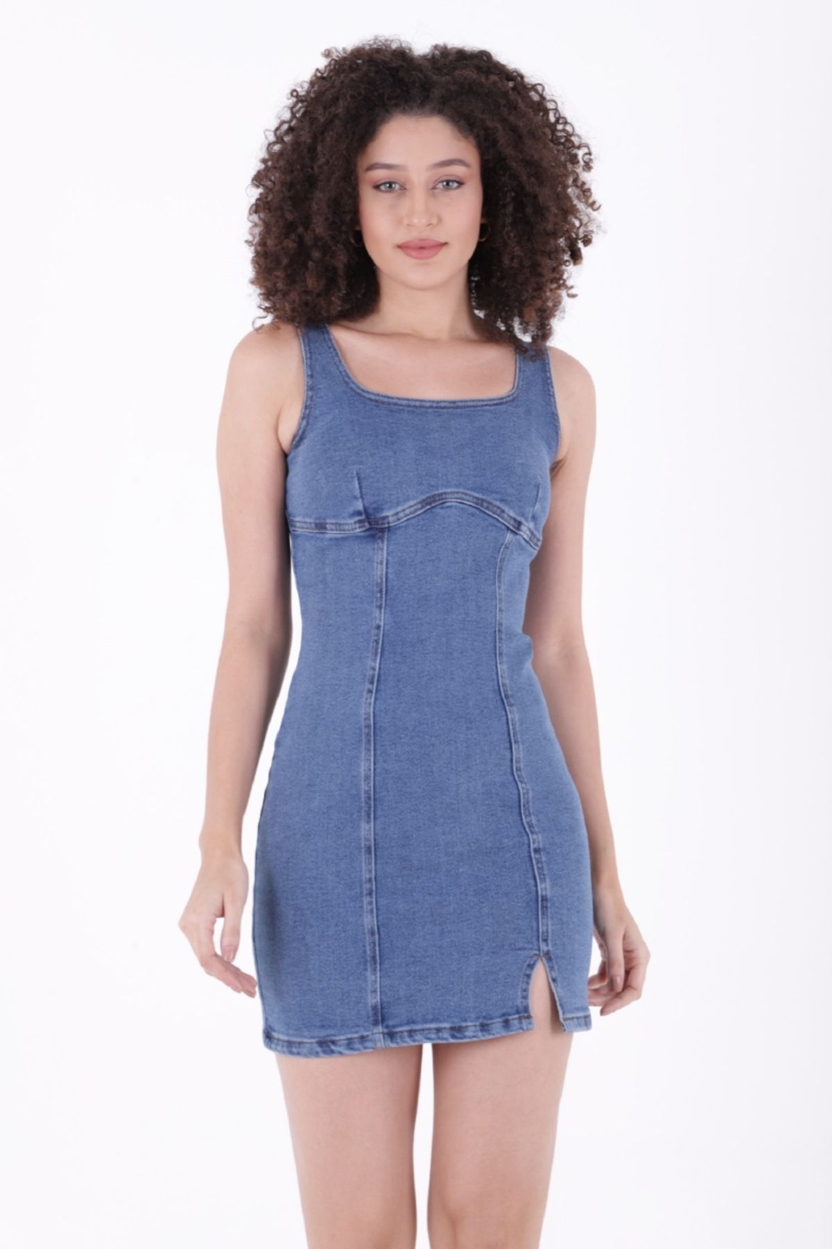 RICHMOST Önü Mini Yırtmaçlı Cepsiz ve Astarsız Fermuarlı Kadın Mini Kot Elbise Düz Orta Mavi Rins Denim