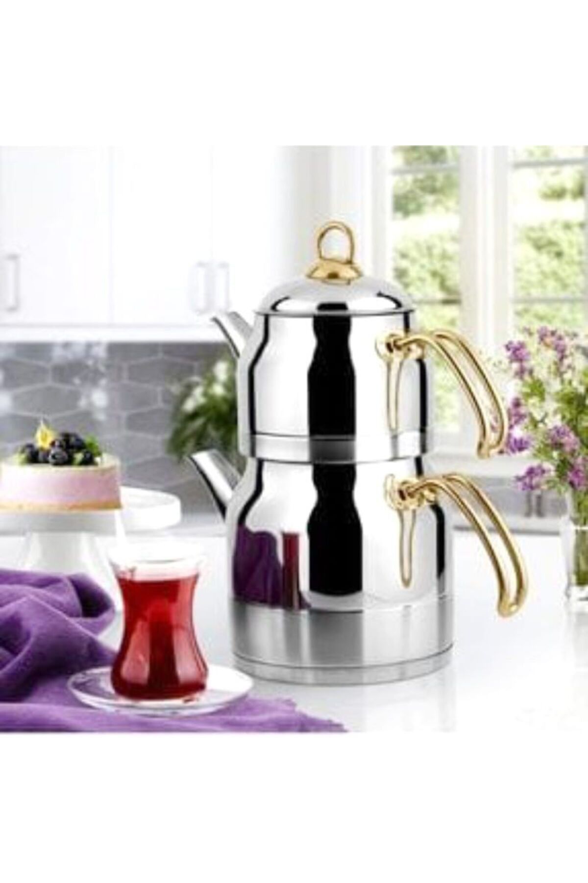 Home Home2369 Büyük Boy Çelik Çaydanlık Aile Boyu Metal Kulp Demlik Set. Üst 1.5 Lt Alt 3 Lt.