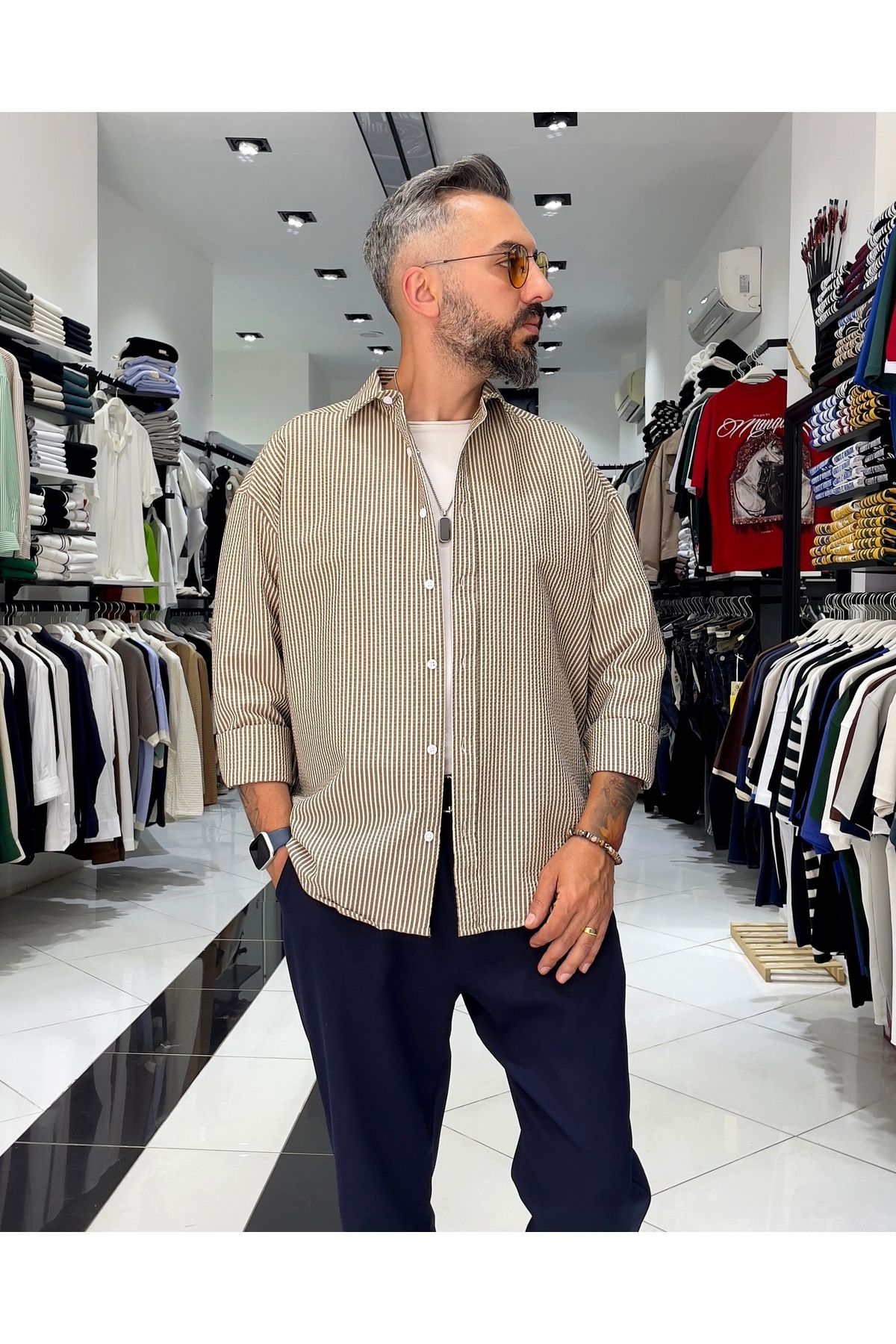 Higo Man Gofre Kumaş Çizgili Oversize Erkek Gömlek