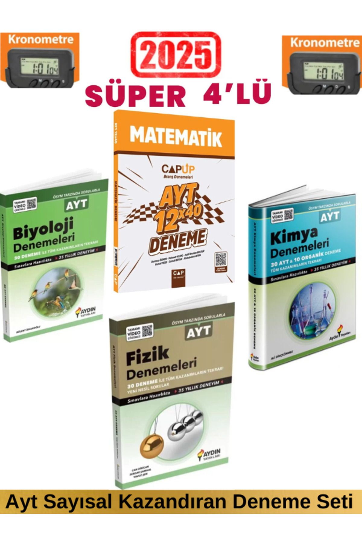 Ens Yayıncılık Çap 2025 Ayt Matematik 12x40 Deneme+Aydın Ayt Fizik 30+Kimya 40+Biyoloji 30 Deneme+Kronometre
