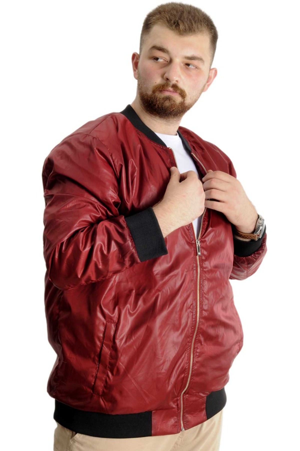 ModeXL Mode XL Büyük Beden Erkek YAZLIK INCE Kolej Mont Fermuarlı Jesica 22612 Bordo görsel 5