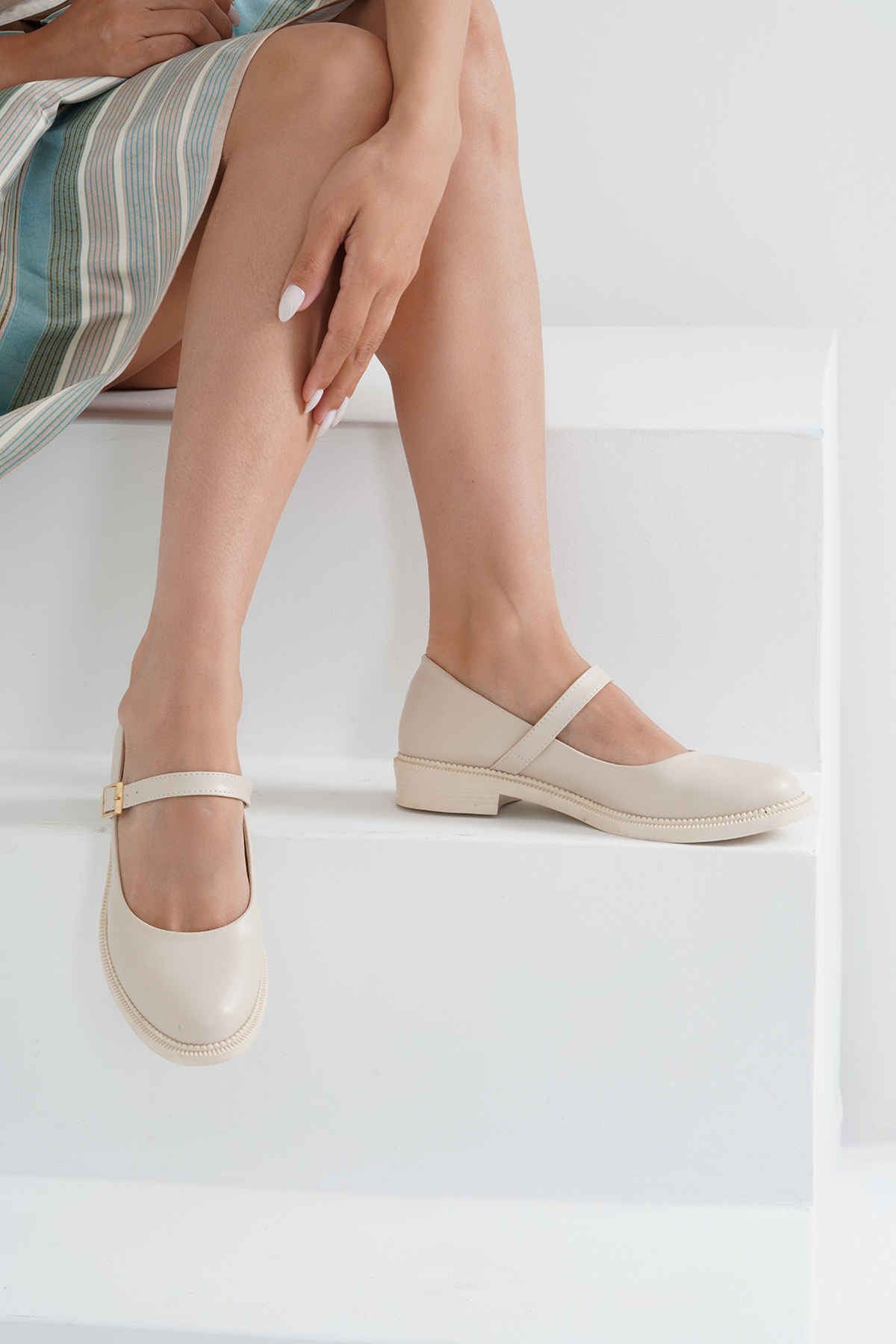 Beyond Kadın Bej Deri Bantlı Loafer Babet Ayakkabı 2,5cm BYNDLFRK11 görsel 2