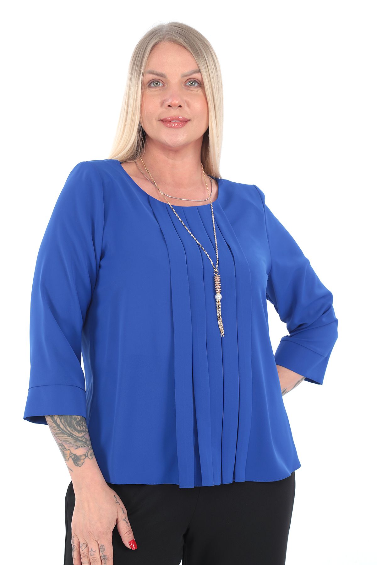 KİFAYET 12800 Kolyeli Önü Pliseli 3/4 Kol Jesika Bluz (R) (A101)
