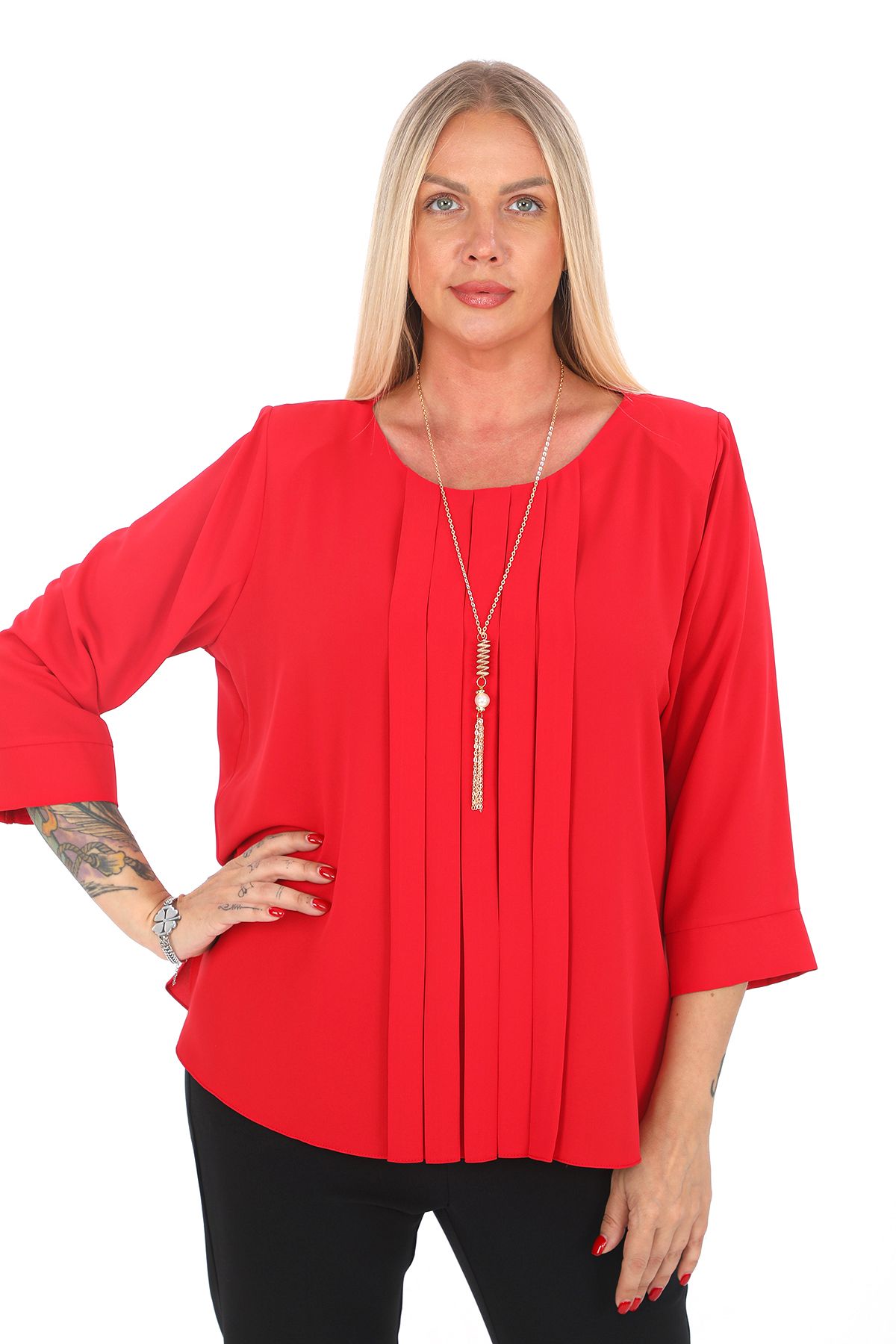 KİFAYET 12800 Kolyeli Önü Pliseli 3/4 Kol Jesika Bluz (R) (A101)