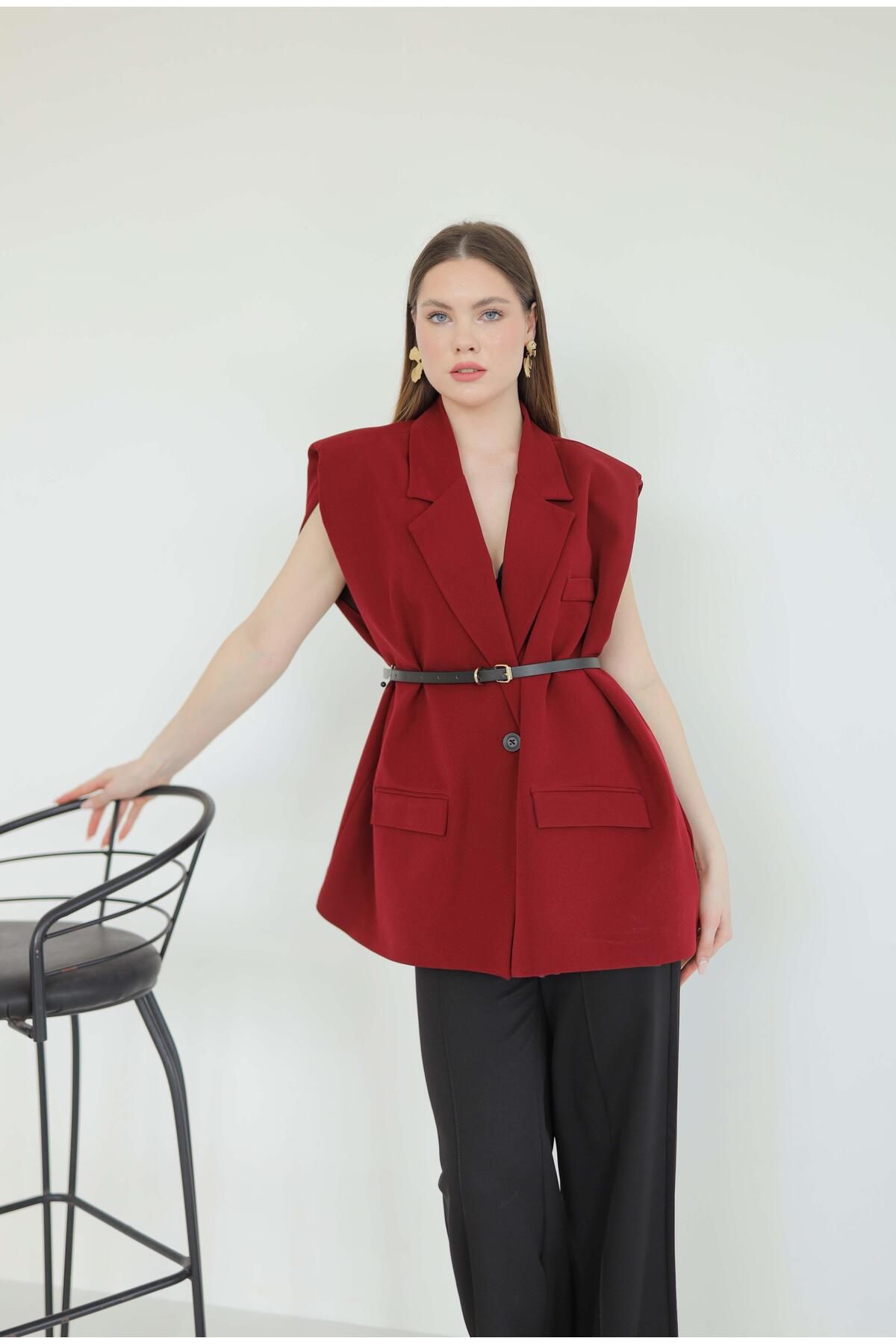 Finna & Co Aylana Kemerli Blazer Yelek Bordo