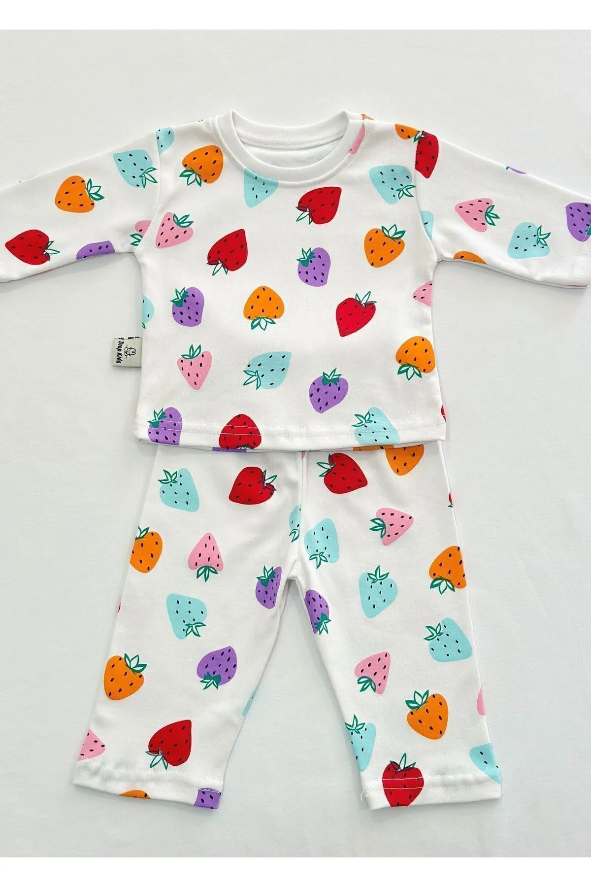 Drop Kids Bebek Pijama Takımı Renkli Çilek Desen %100 Pamuk Yenidoğan Çocuk Pijama fotoğrafı 3 (önizleme)