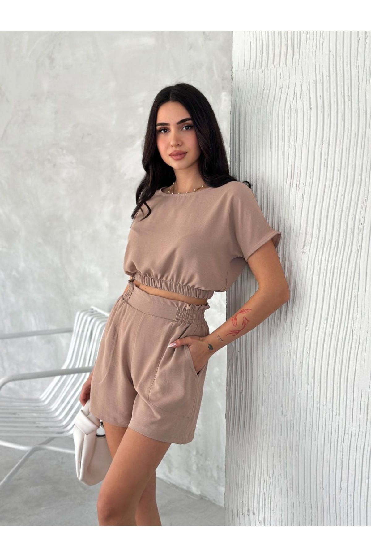 Ozy Fashion KOPYA - Kadın Aerobin Kumaş Şortlu Takım (Vizon)TKM-0006