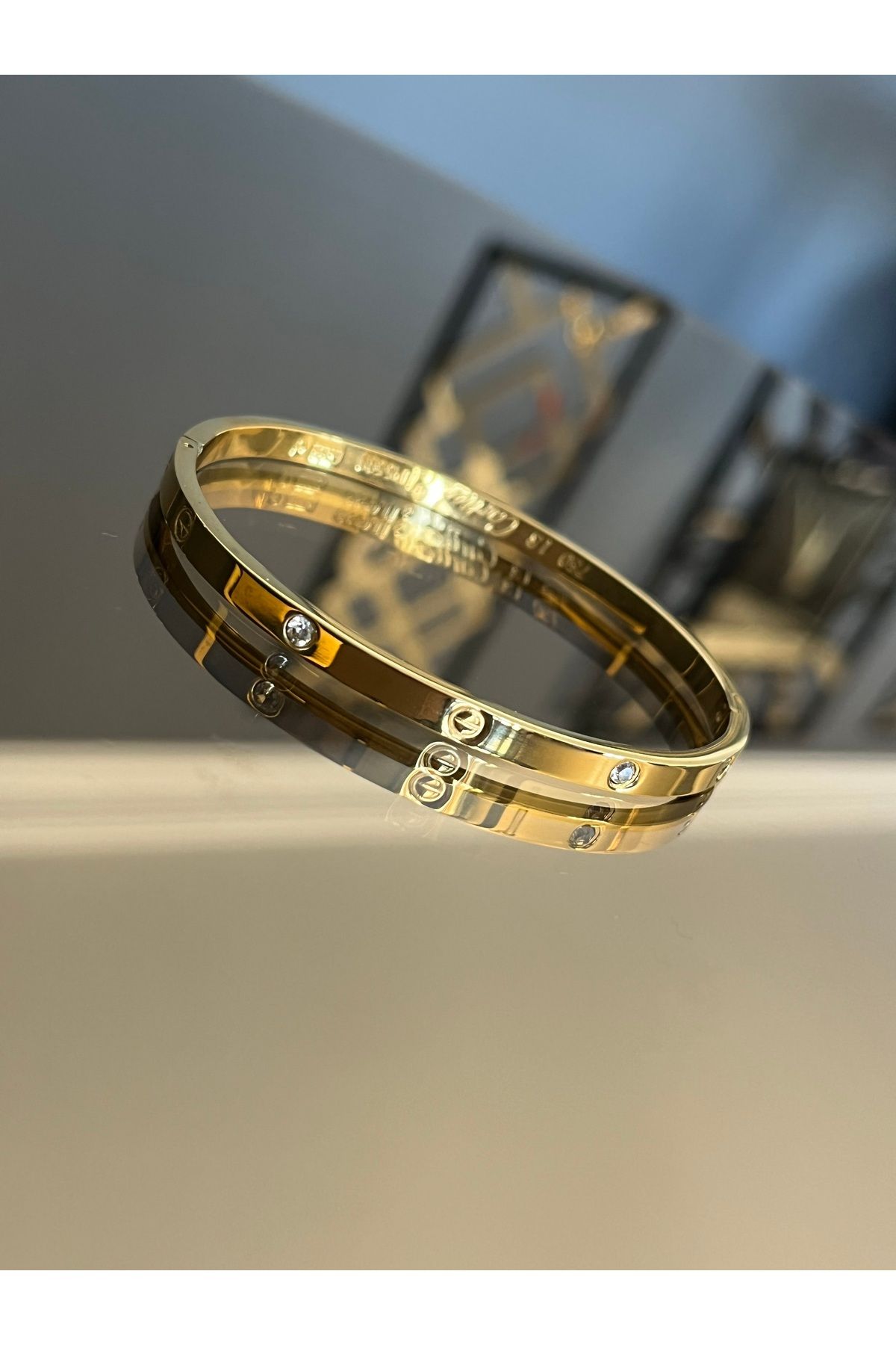 FASHİON JEWELRY Taşlı Çelik Gold Kelepçe