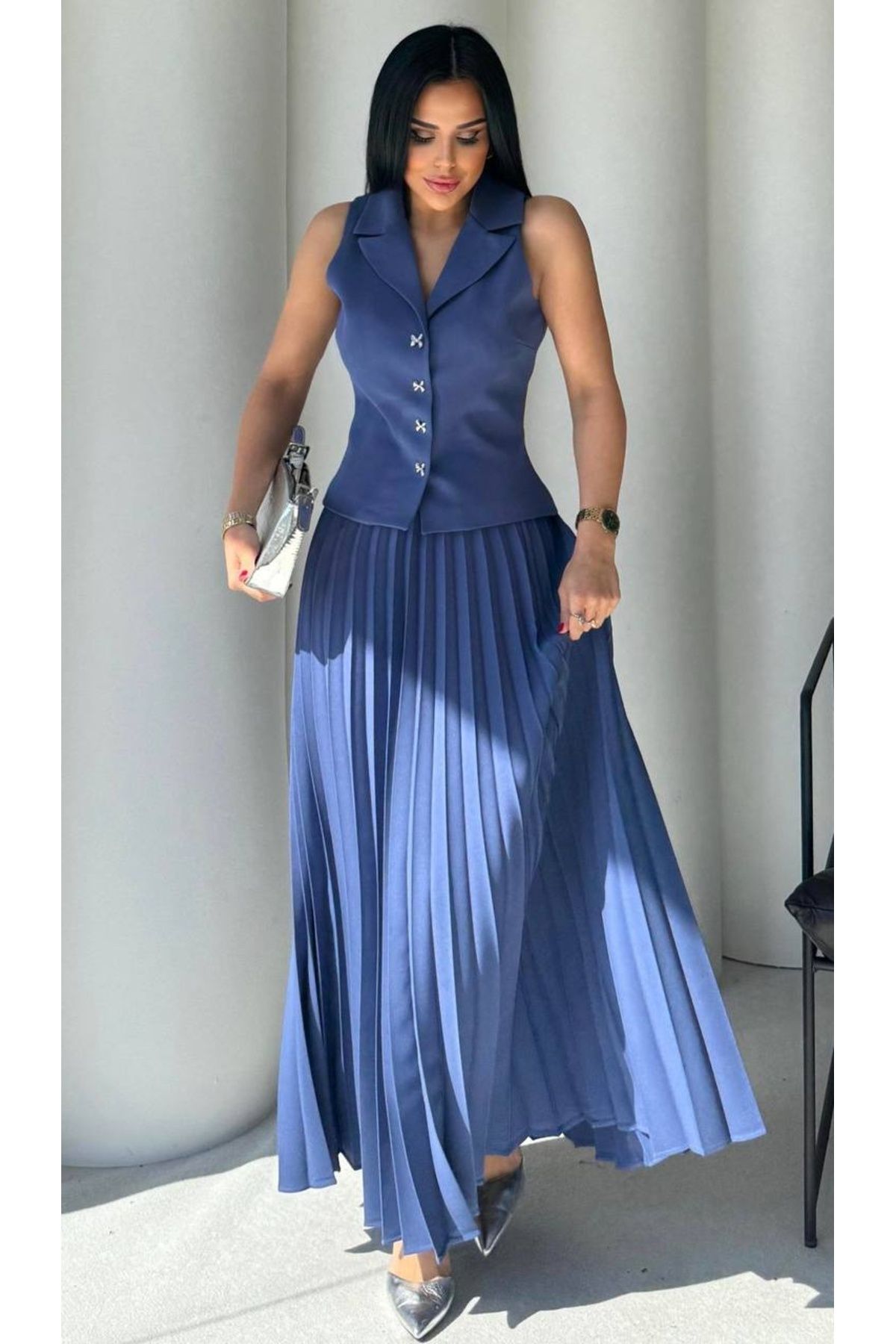 şems fashion atlas kumaş yelek ve etek takım klasik takım takım