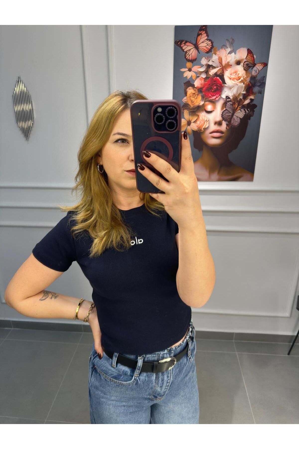 Butik Kadın Crop Tişört Lacivert