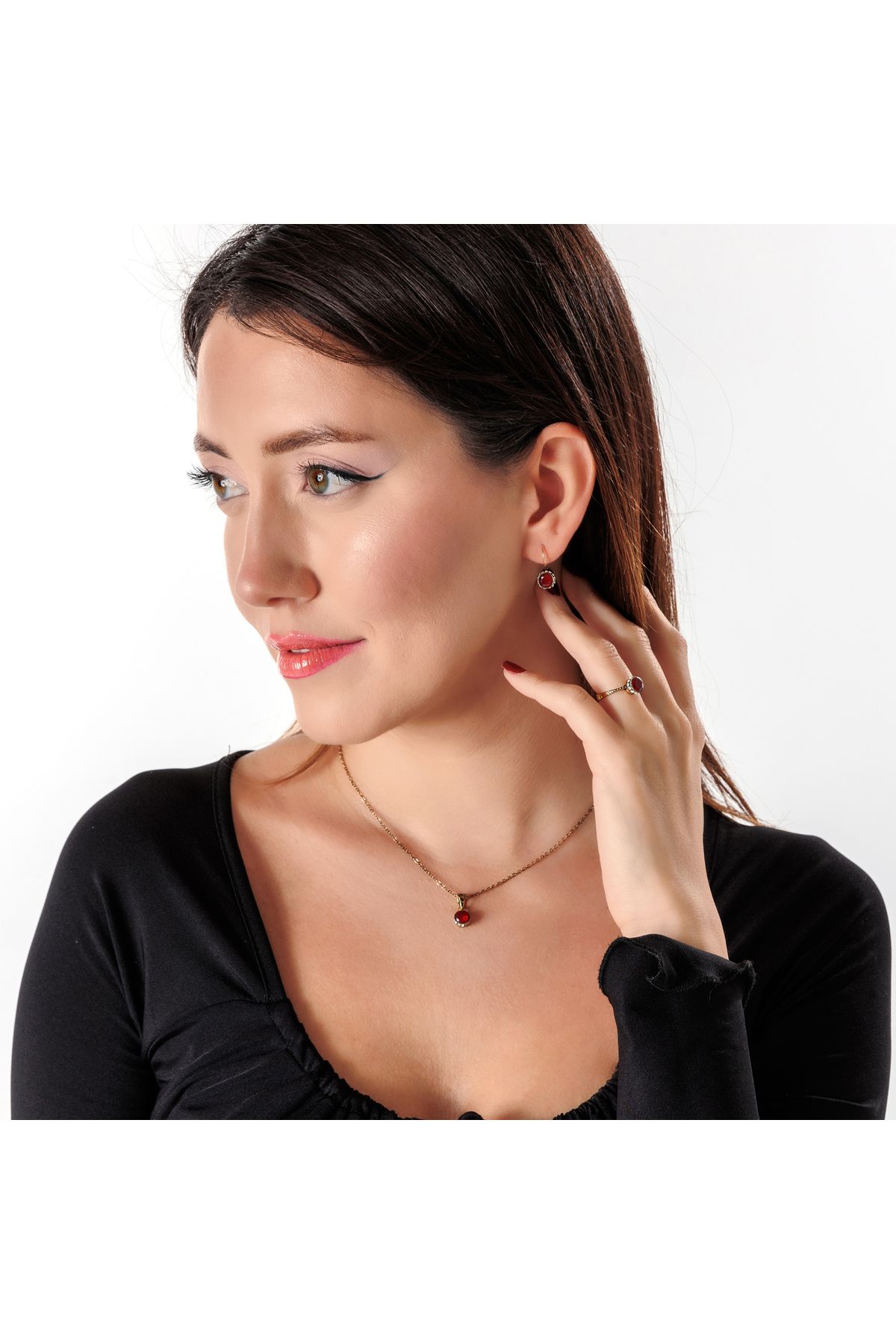 Atelier LEO Handmade Jewellery HARMONİ TEKTAŞ KIRMIZI TAKIM YÜZÜK NO:7 BAKIR EL YAPIMI KARARMA YAPMAZ KADIN TAKI SETİ
