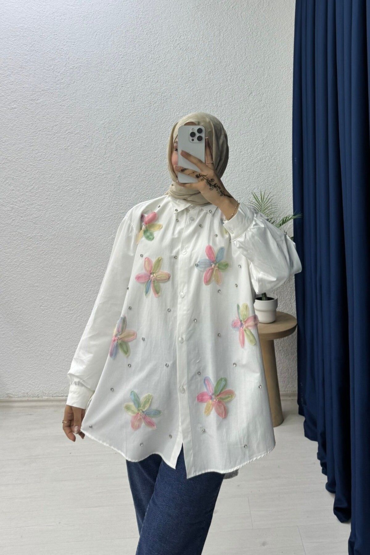 lurex moda Çiçekli Gömlek