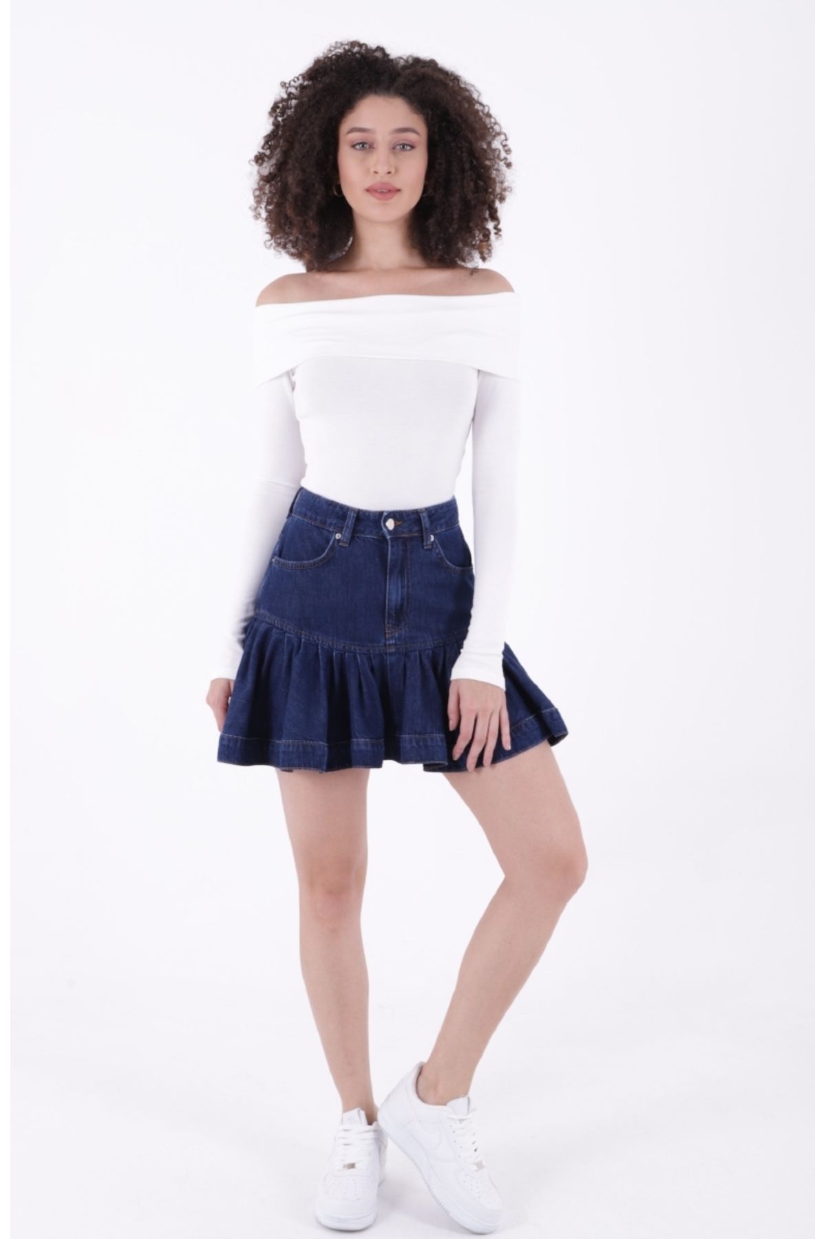 RICHMOST Fırfırlı ve Yüksek Belli Cepli Tatlı - Şirin Model Mini Kot Kadın Etek Düz Koyu Rins Mavi Denim