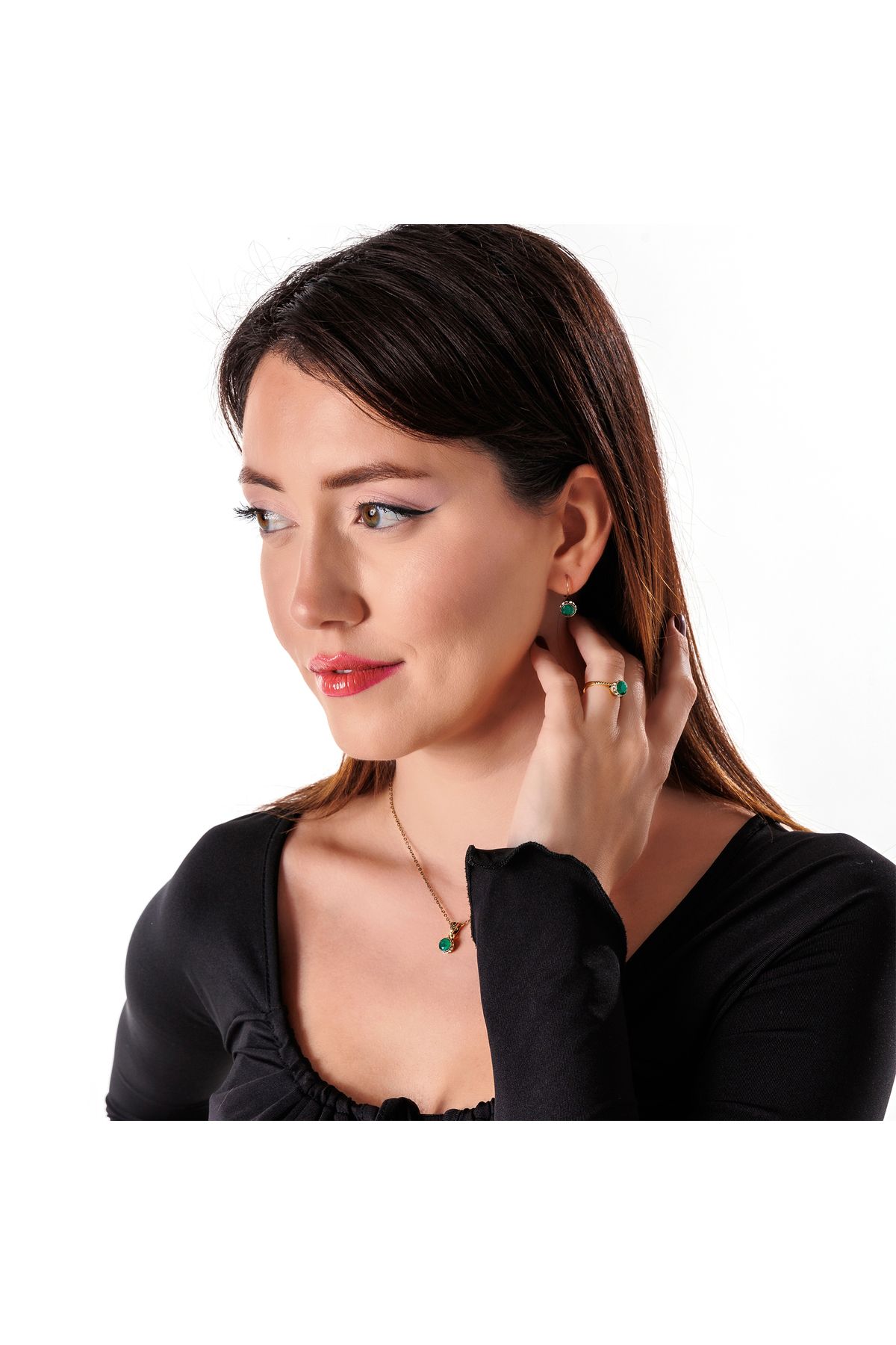 Atelier LEO Handmade Jewellery HARMONİ TEKTAŞ YEŞİL TAKIM YÜZÜK NO:8 BAKIR EL YAPIMI KARARMA YAPMAZ KADIN TAKI SETİ