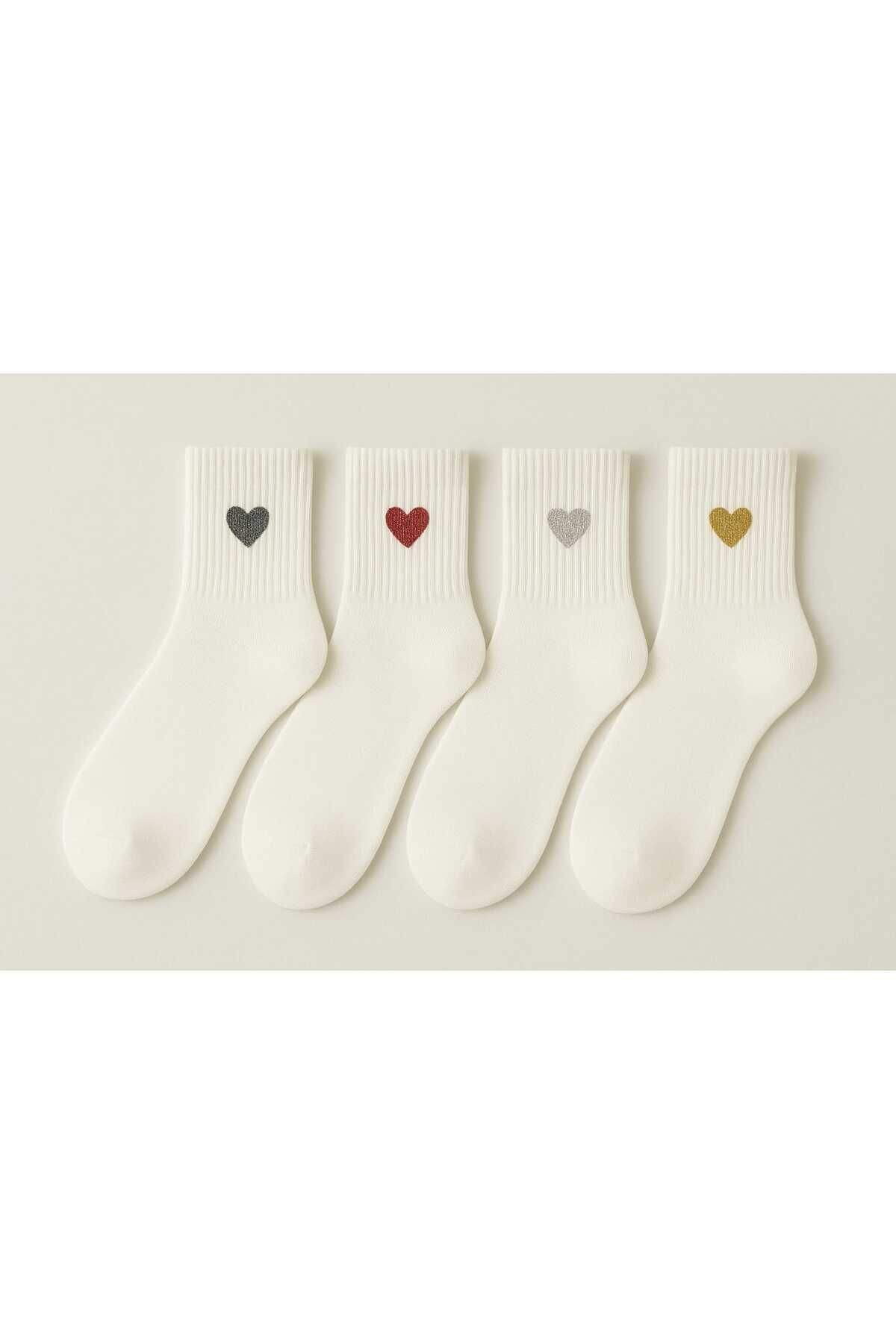 çs socks 4'ÇİFT SİMLİ KALP DESEN PAMUKLU KOLEJ ÇORABI
