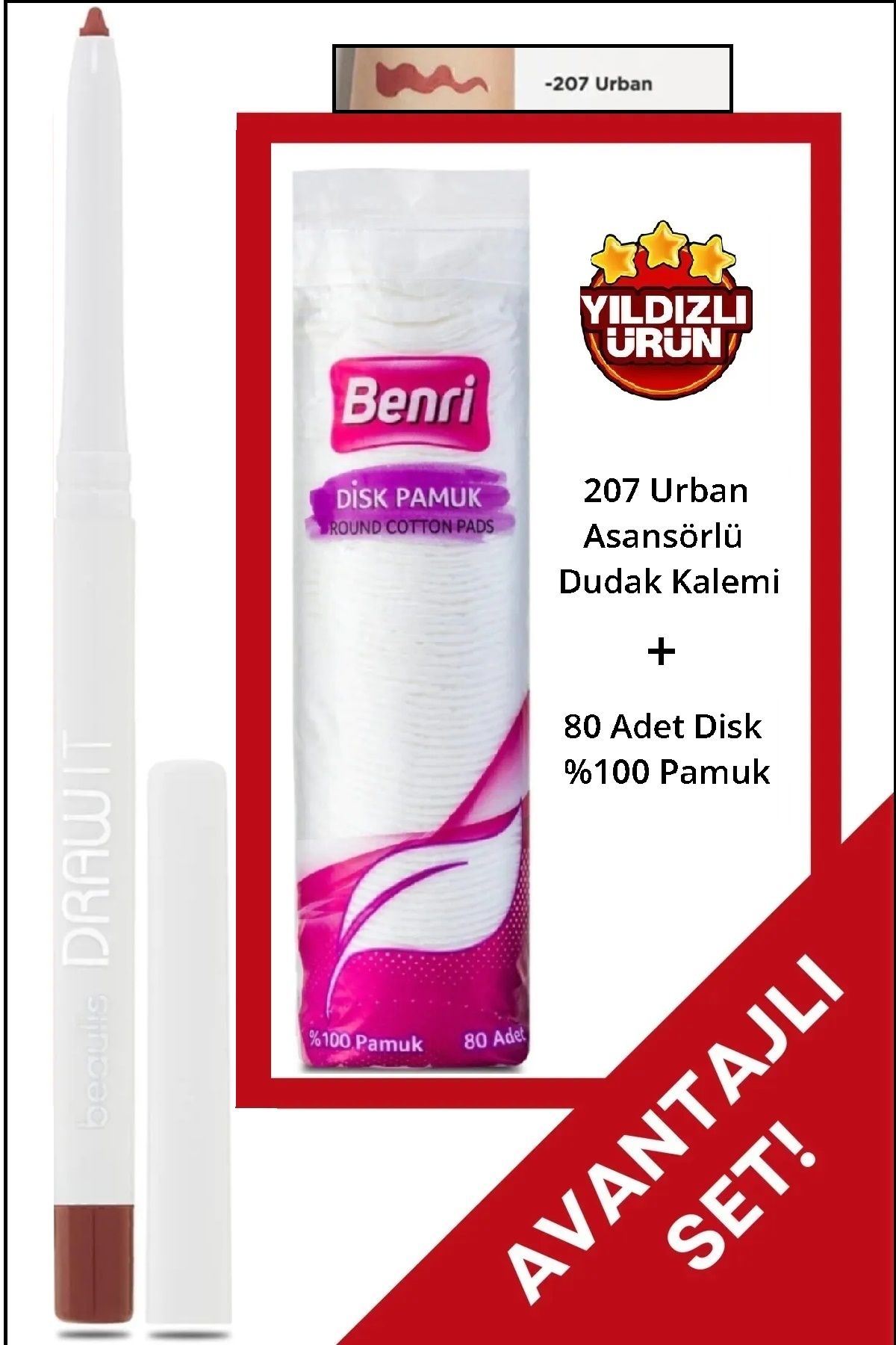 beaulis 207 Urban Asansörlü Dudak Kalemi + 80 Adet %100 Disk Pamuk -2'li Avantajlı Set