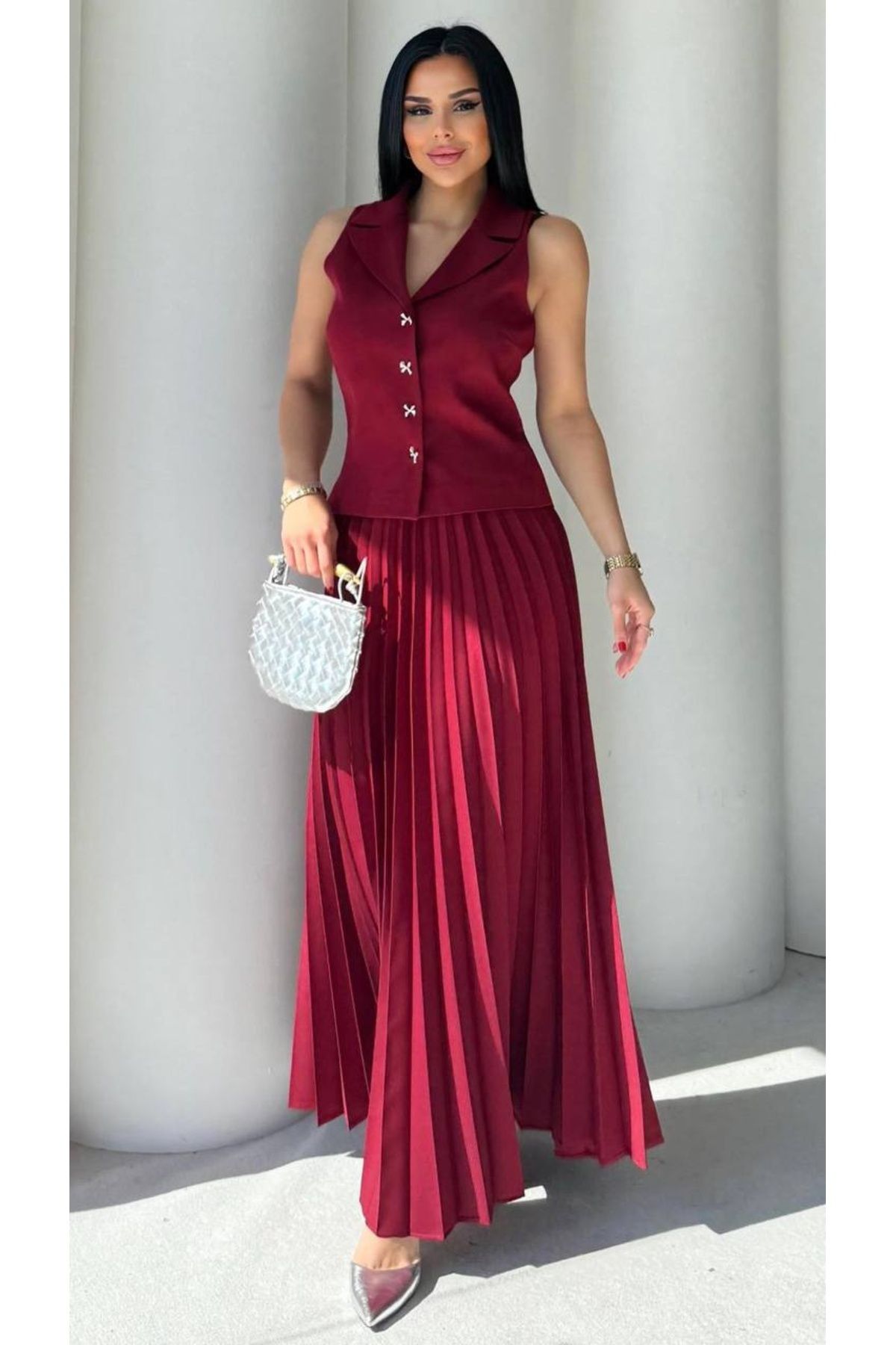 şems fashion atlas kumaş yelek ve etek takım klasik takım takım