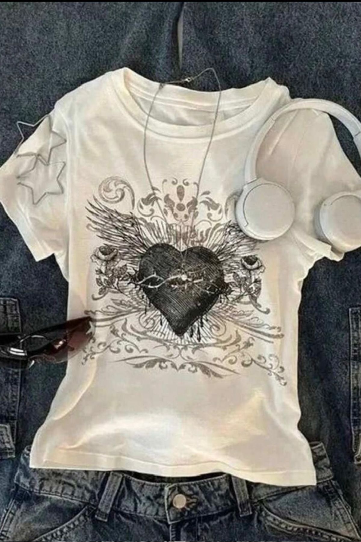 Aesthia Beyaz Vintage Punk Pattern Kemer Boy Bluz