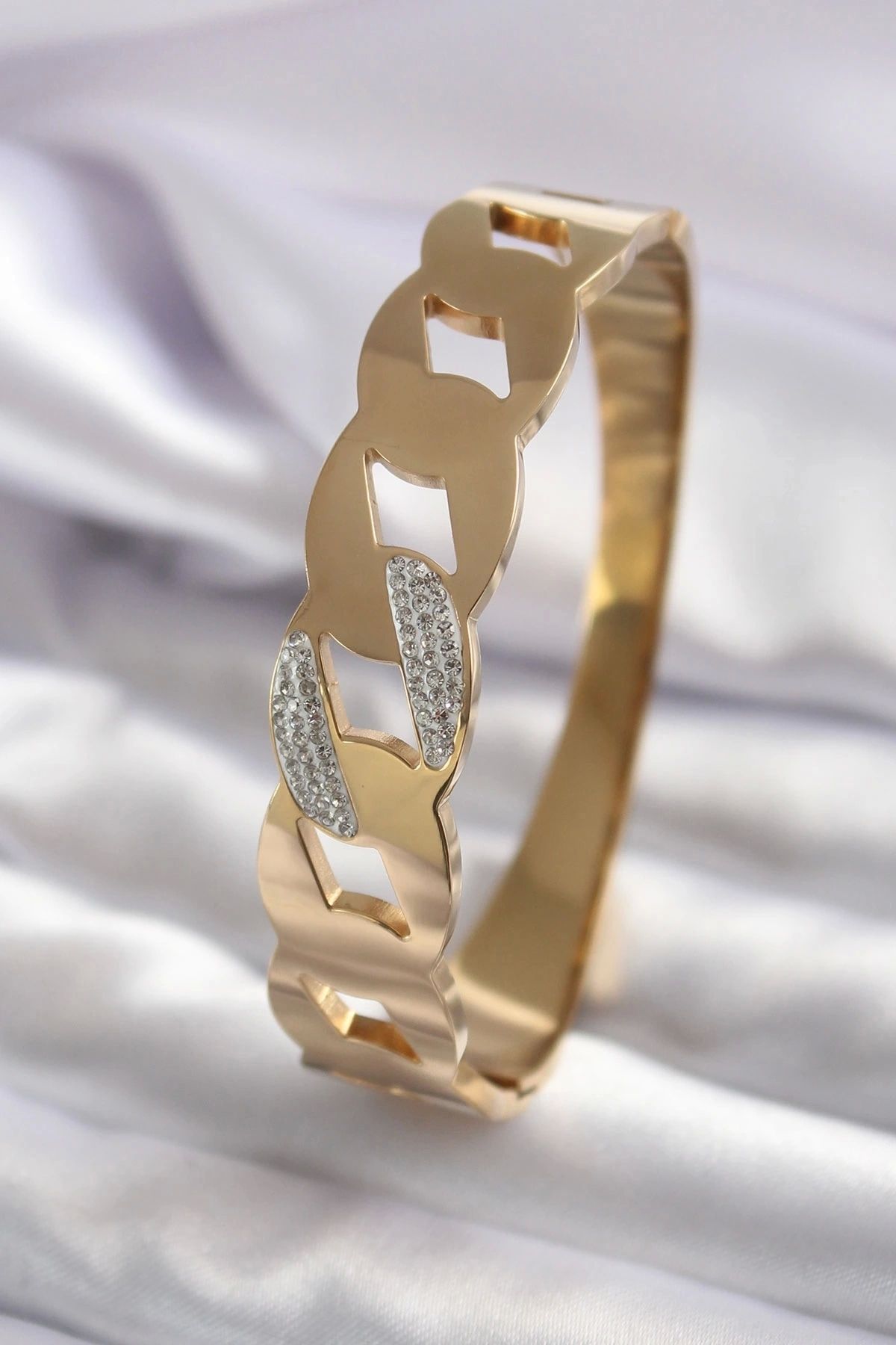 STOREMAX 316L Çelik Gold Renk Zincir Model Zirkon Taş Detay Kadın Kelepçe