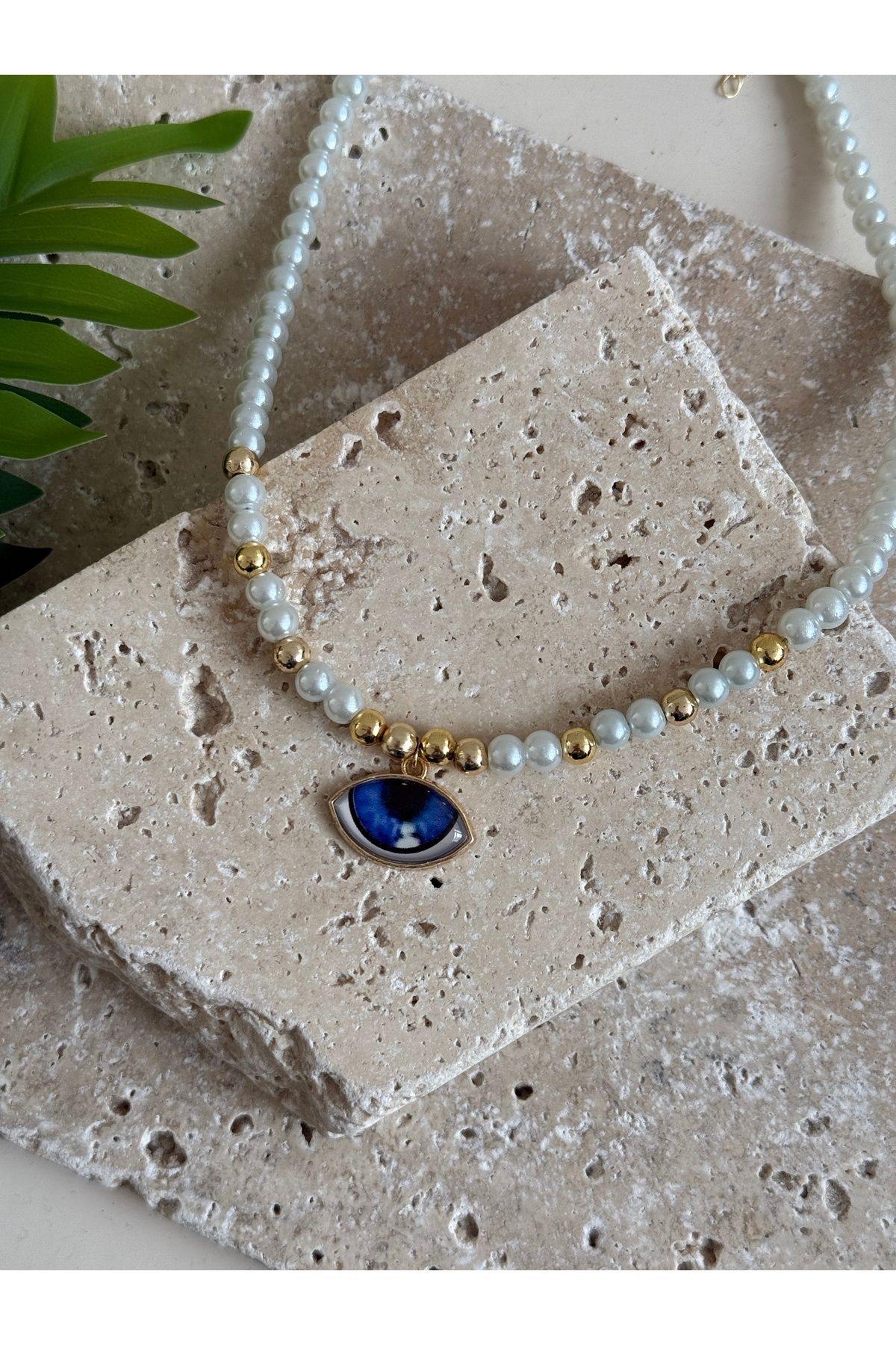 DKY Collection Mavi Göz Uçlu Gold ve Beyaz İnci Kolye