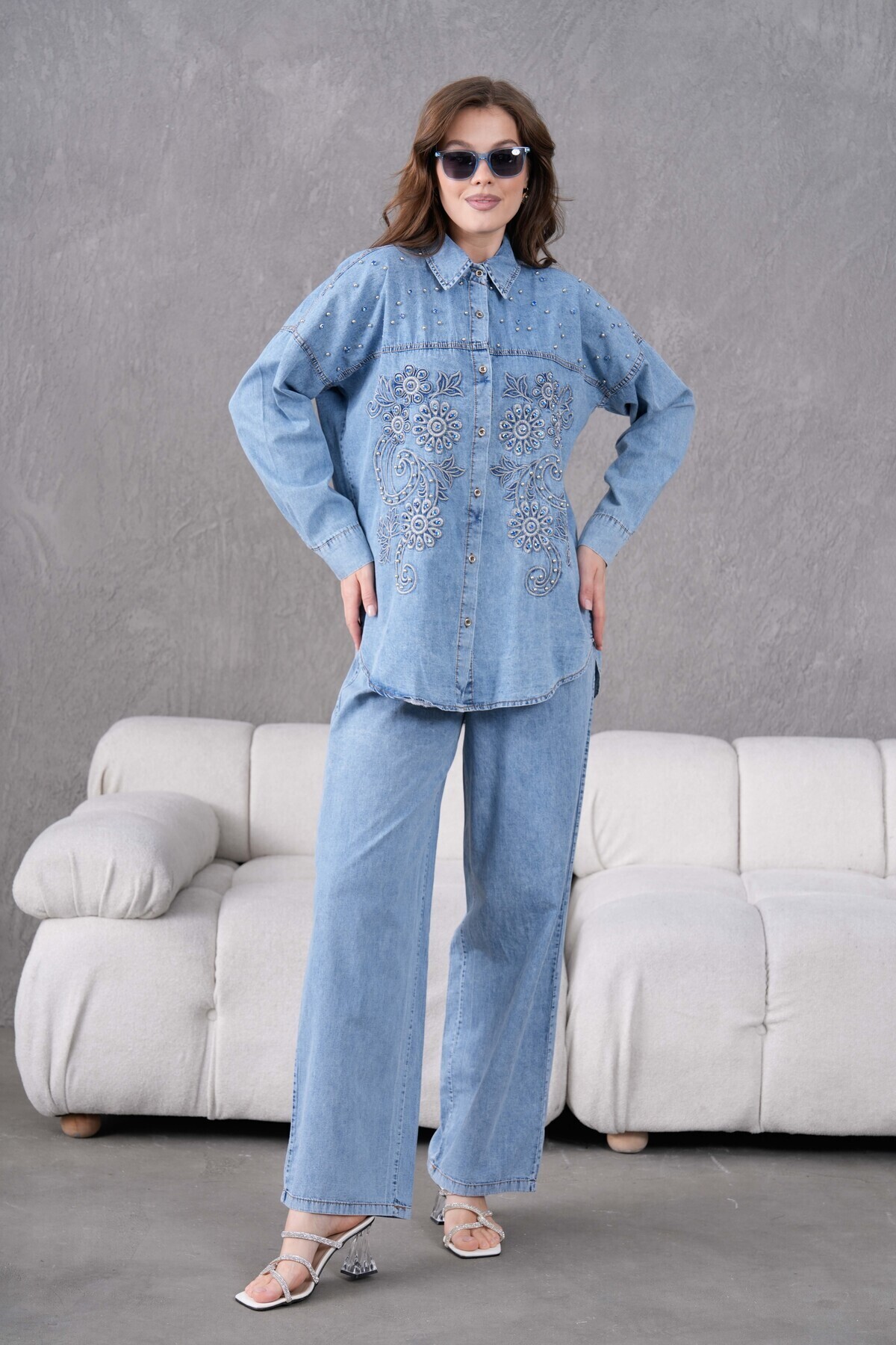Miss Allos Women's Embroidered Stone-Detail Denim Shirt and Denim