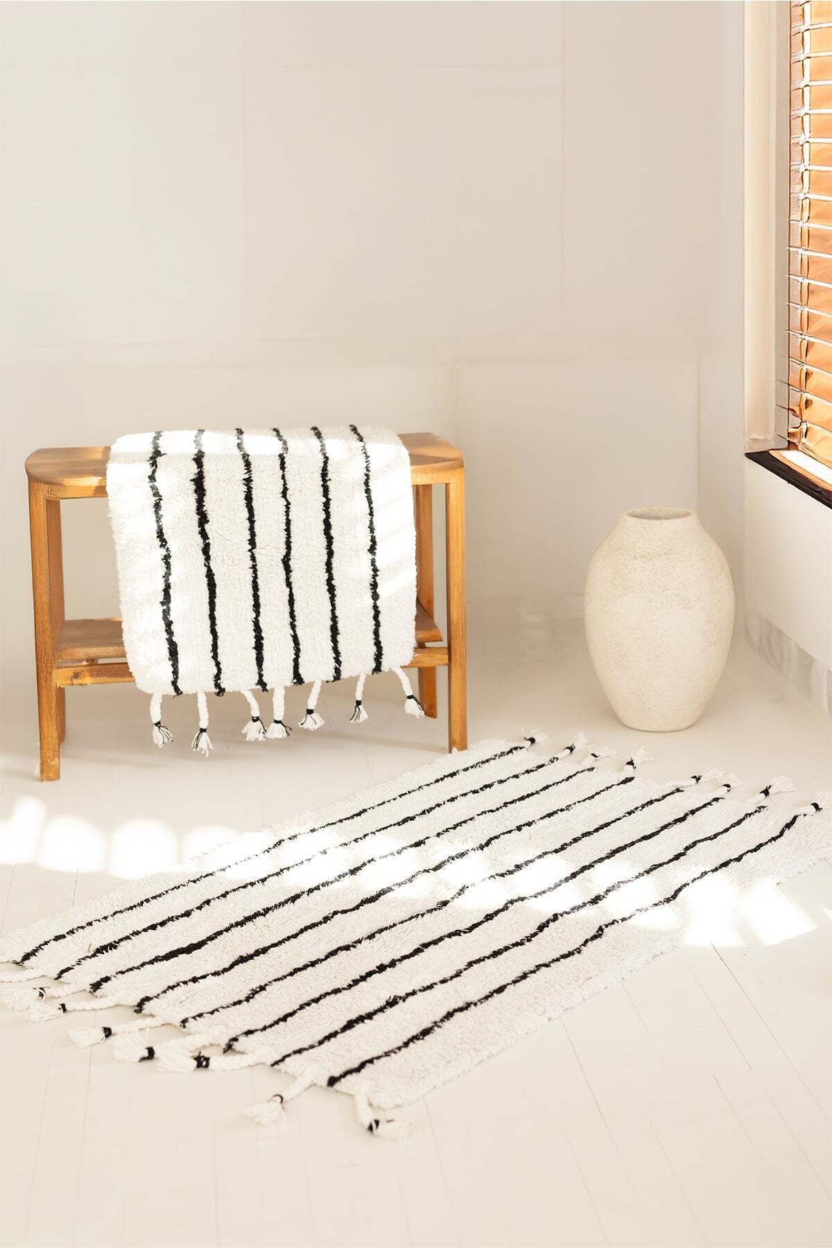 İrya In Lines 2’li Takım Banyo Paspası %100 Pamuk 40x60 + 60x90 Siyah Çizgili