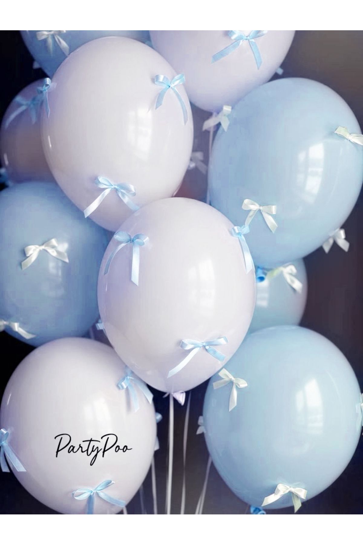 PartyPoo Mavi Beyaz Fiyonk Kurdeleli, Mavi Beyaz Balon Seti 10'lu Doğum Günü Parti Seti Fiyonk'lu Balon