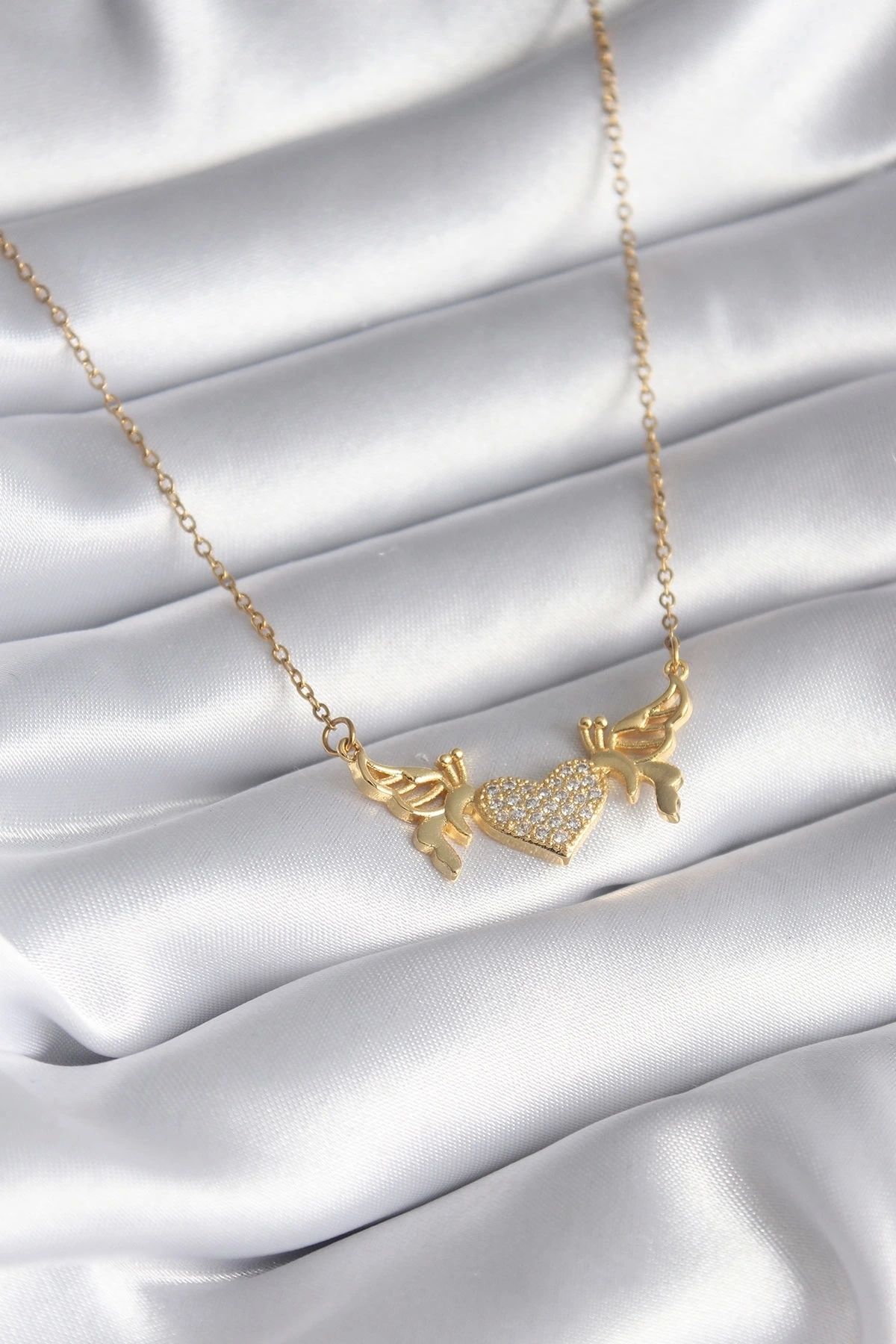 STOREMAX 316L Çelik Gold Renk Zirkon Taşlı Kanatlı Kalp Model Kadın Kolye