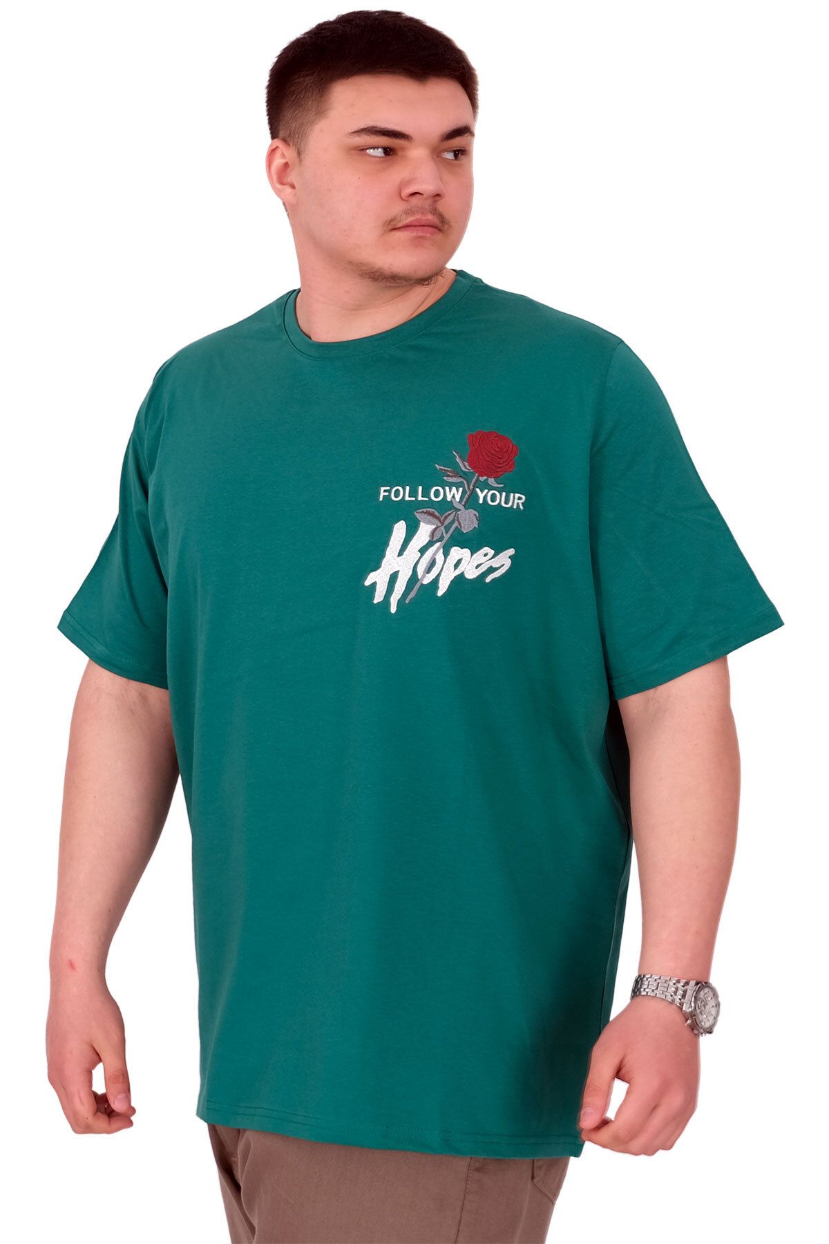 ModeXL Mode XL Büyük Beden Erkek T-Shirt Bisiklet Yaka ROSE U25032 Nefti