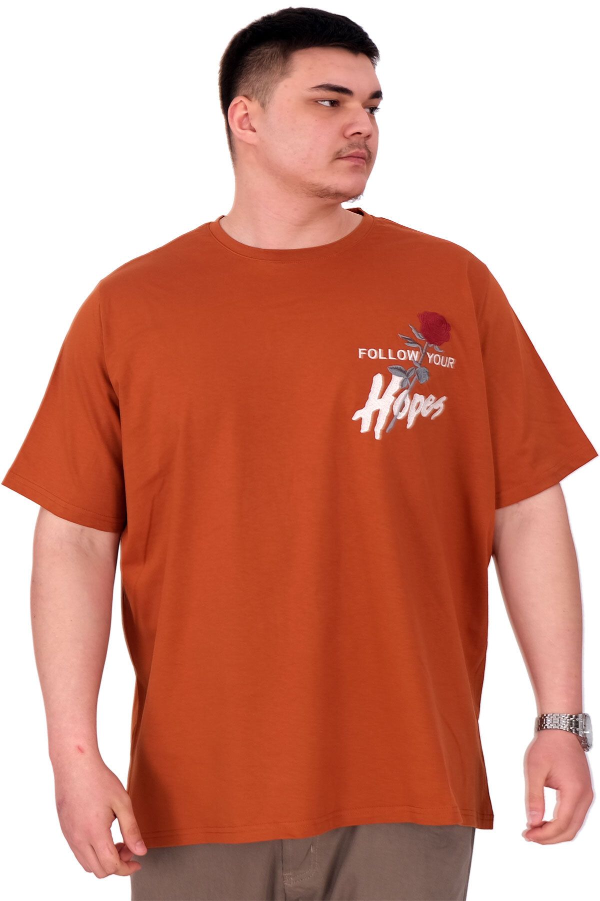 ModeXL Mode XL Büyük Beden Erkek T-Shirt Bisiklet Yaka ROSE U25032 Tarçın