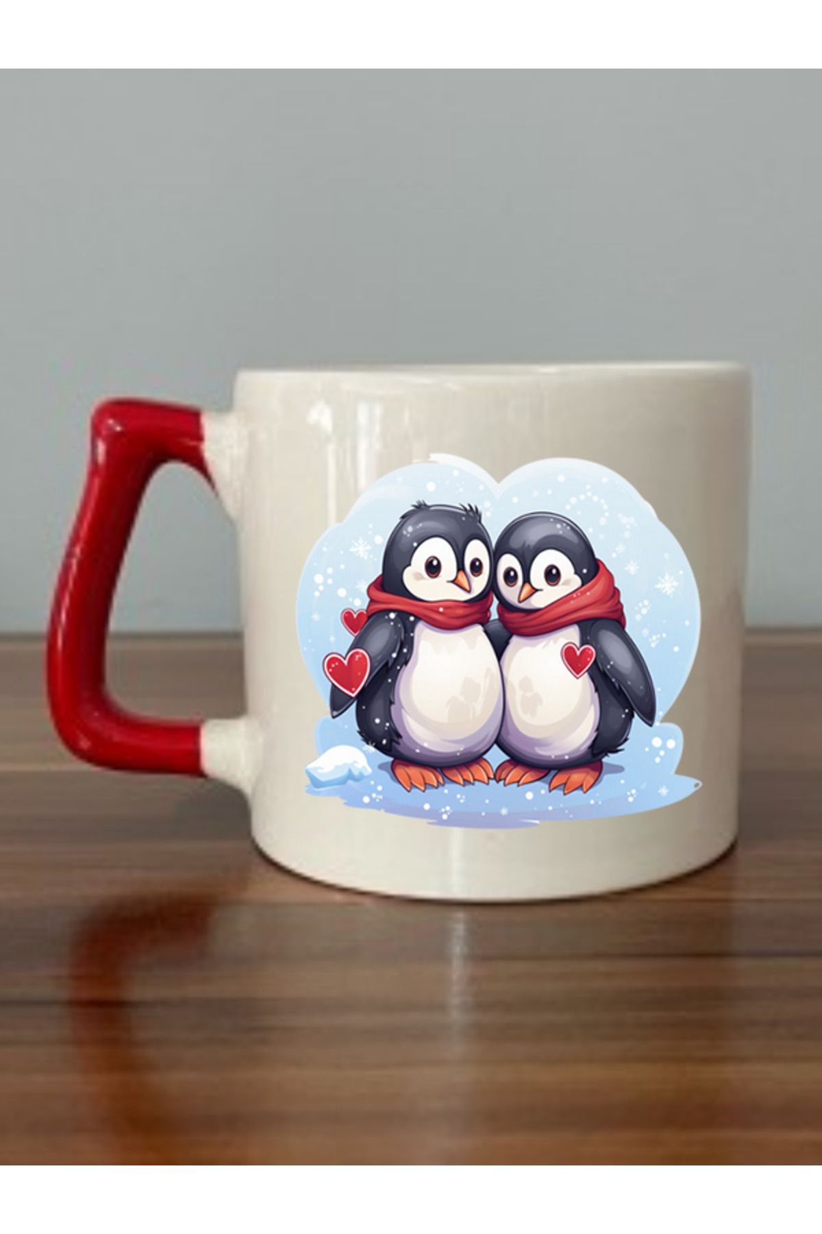 BİBANAPROMOSYON Penguen Baskılı Kırmızı Kulplu Kupa Bardak - Seramik Çay, Kahve Hediyelik Bardağı Öğretmenler Günü