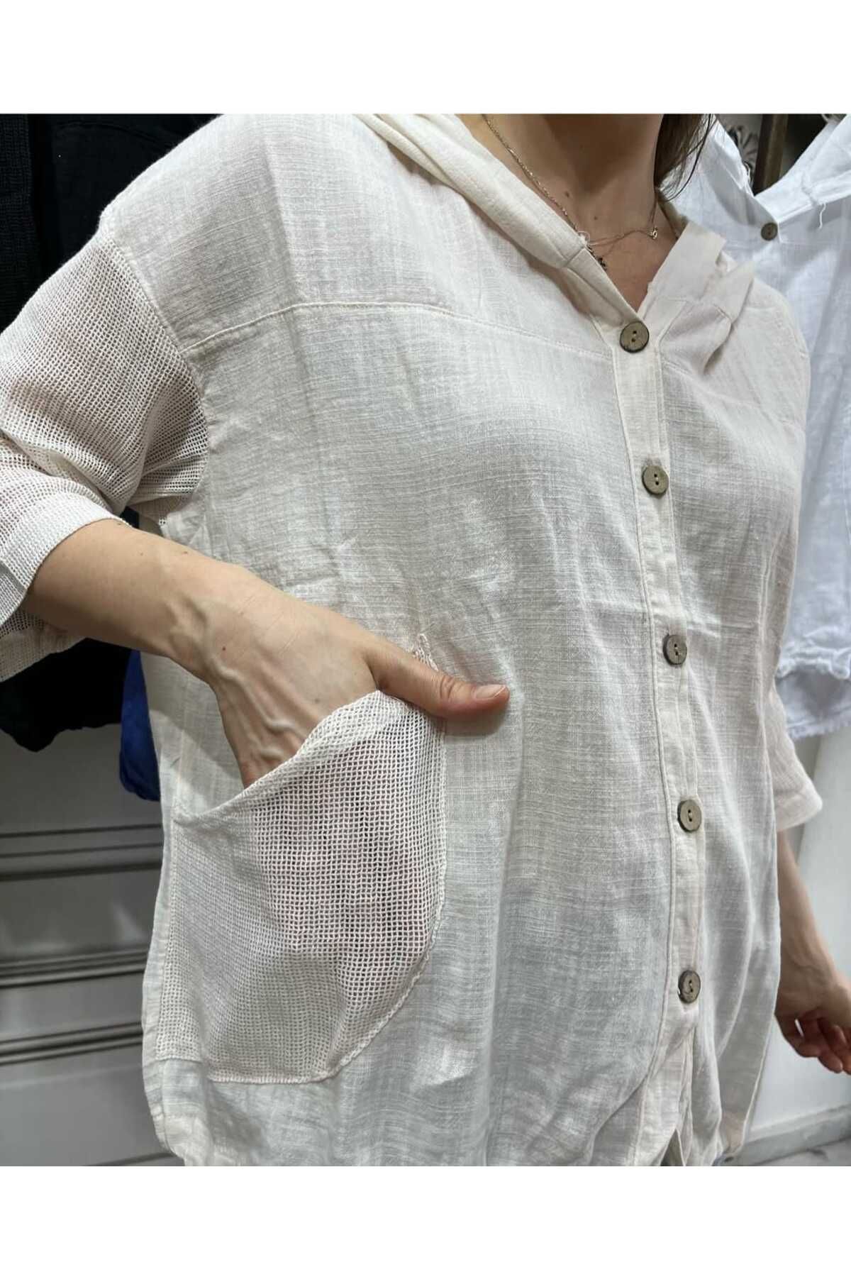Seviliko Kadın Keten Görünümlü Gömlek Ceket %100 Pamuklu Premium Kumaş Kapüşonlu Fileli Kol Cep Düğme Detay