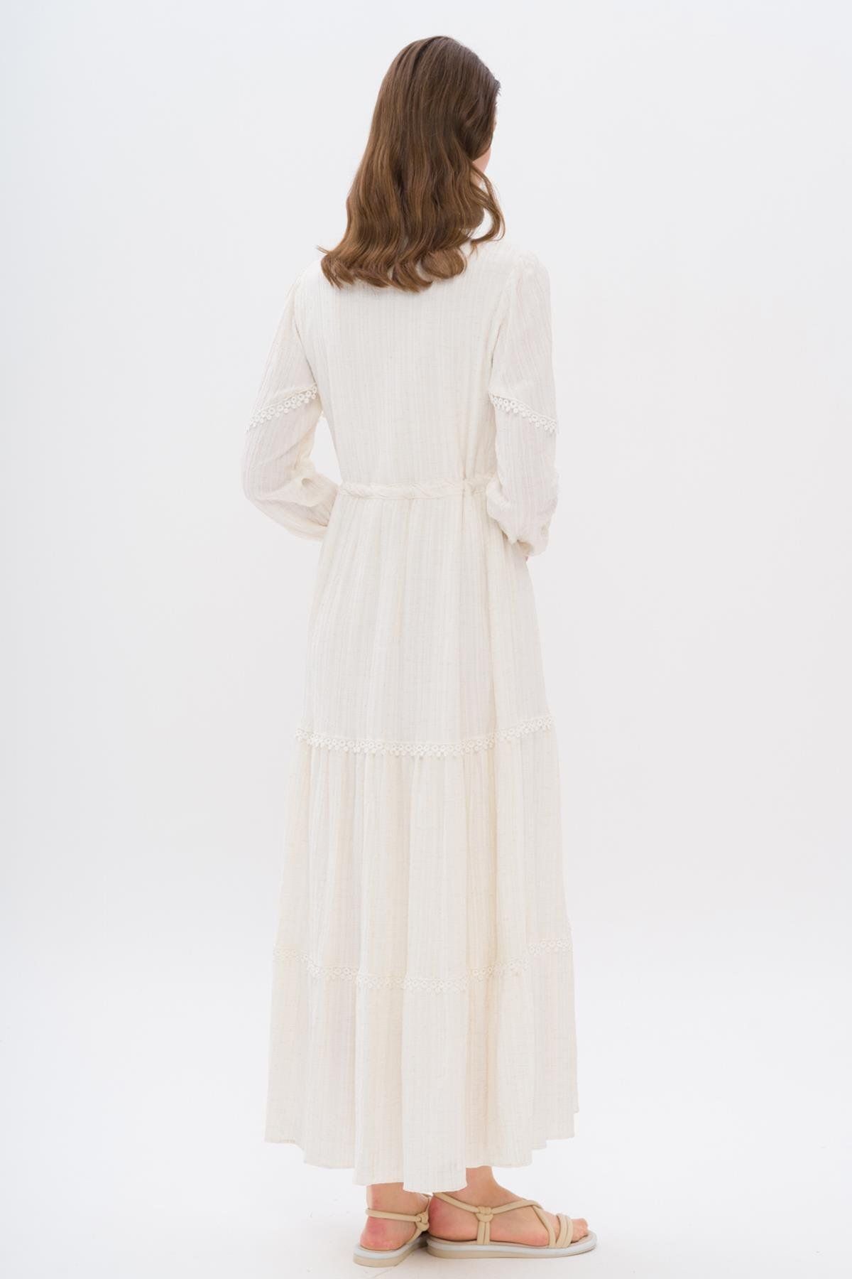Olcay-Gerafftes Kleid in Leinenoptik mit Muscheldetail an der Taille, Creme 9235-e 6