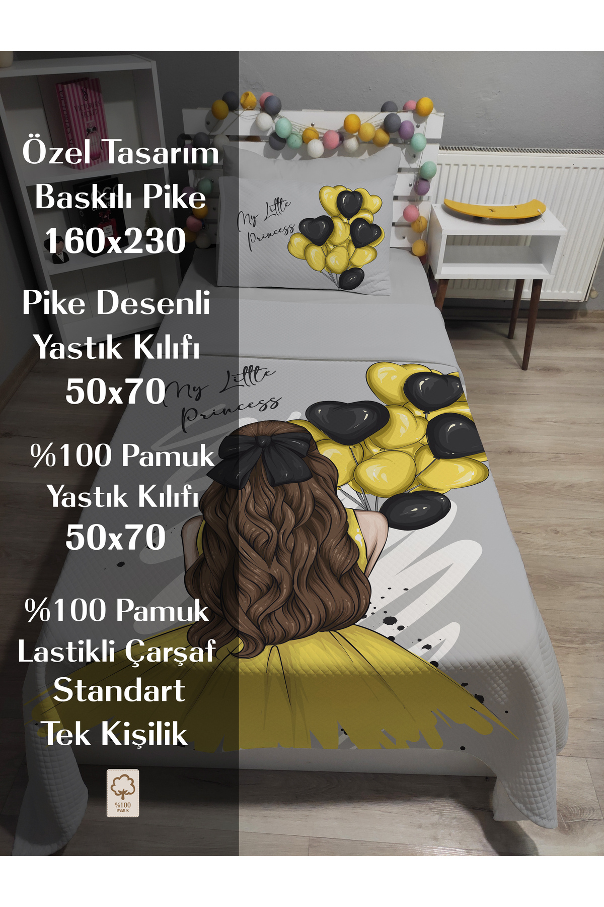 yok yok evim eve dair her şey-4 Piece Balloon Girl Patterned Elastic Sheet Single Pique Bed Cover Set 3
