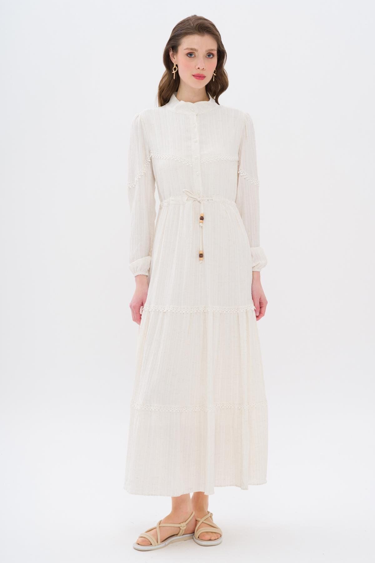 Olcay-Gerafftes Kleid in Leinenoptik mit Muscheldetail an der Taille, Creme 9235-e 2