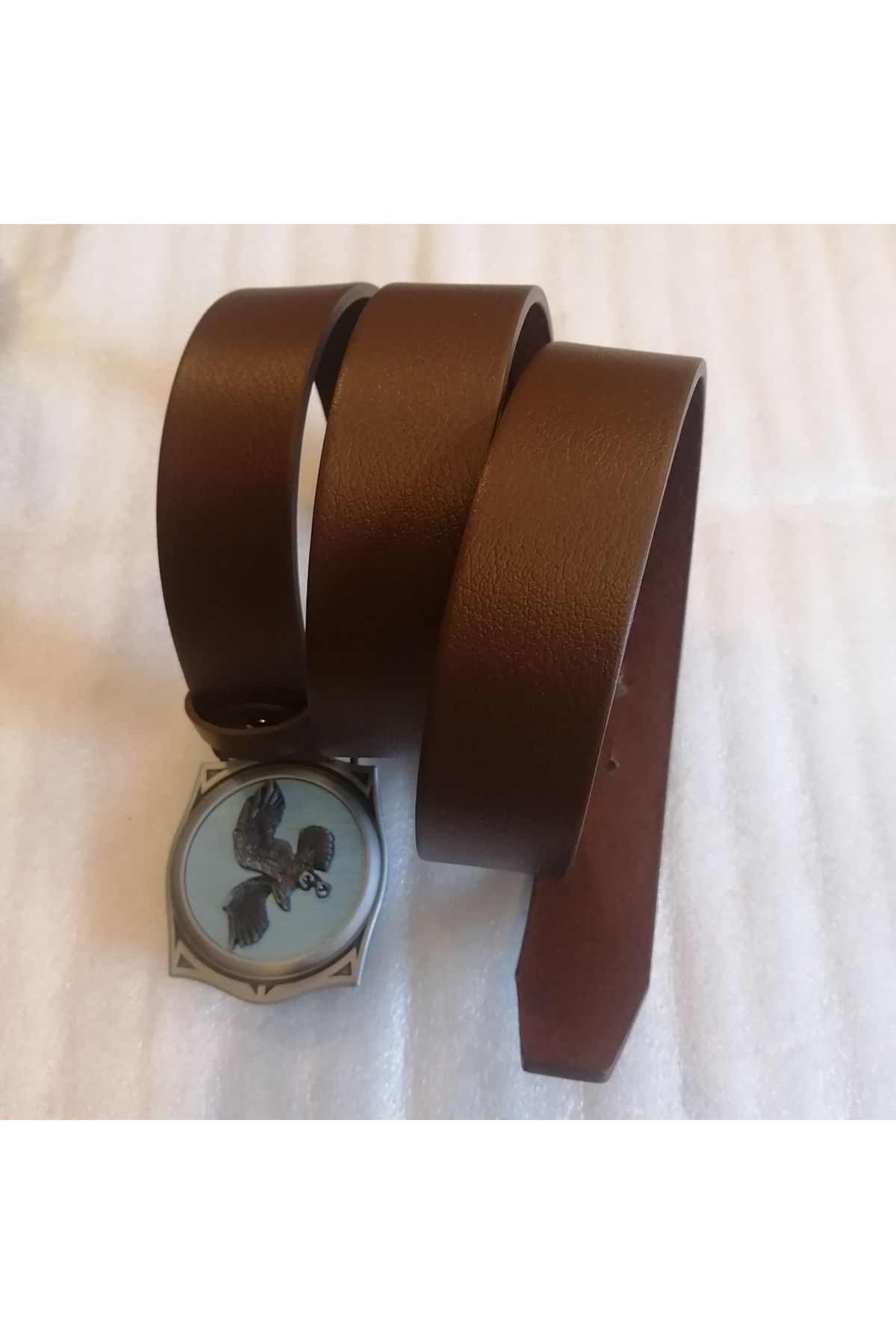 Butik Tülin Unisex otantik hakiki dana derisi kahve gri mavi metalik uçan kartal çakmaklı kovboy tokalı kemer
