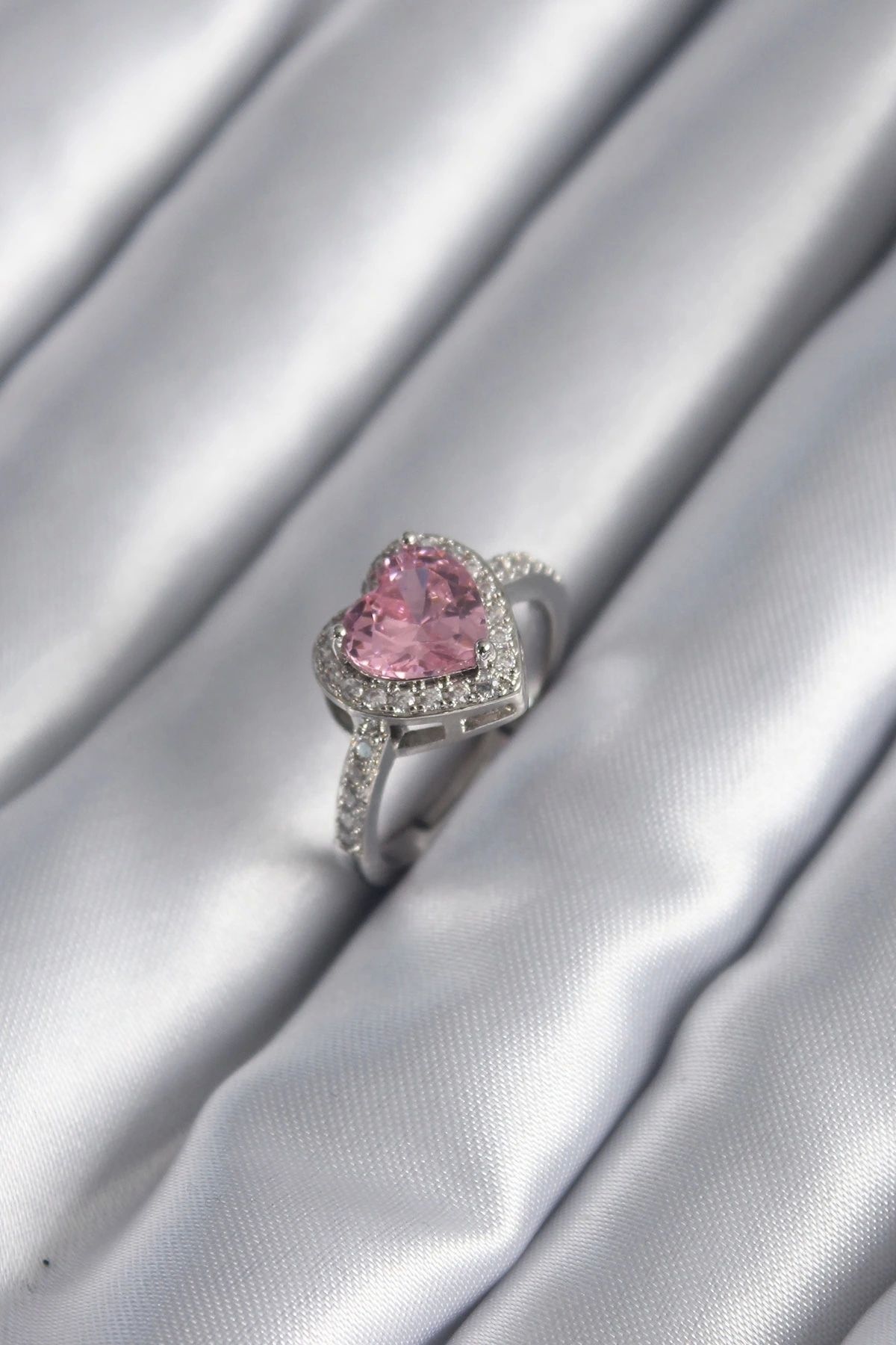 STOREMAX Gümüş Renk Pembe Zirkon Taşlı Charm Kalp Model Kadın Yüzük