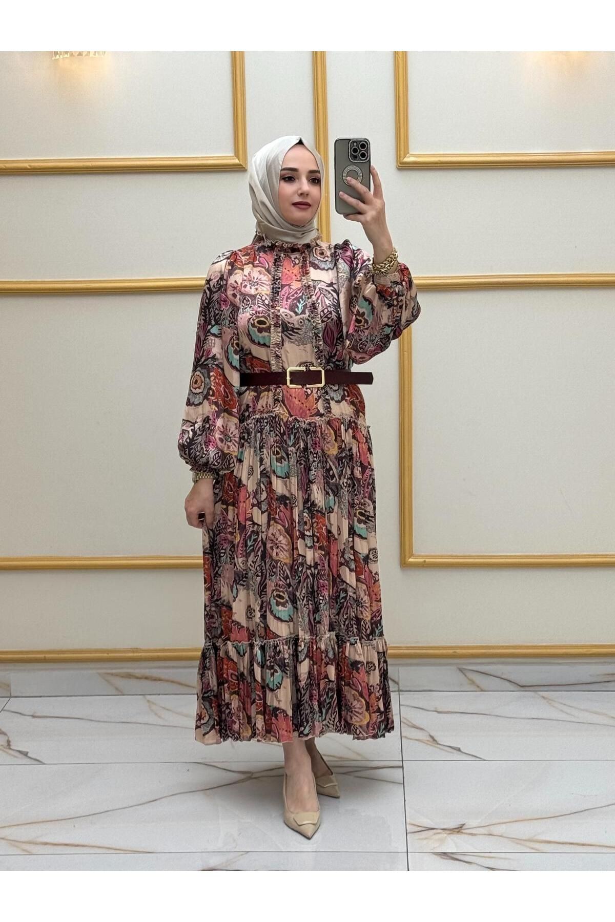 sinanurmoda Kadın Pembe Astarlı Şifon Elbise 3348
