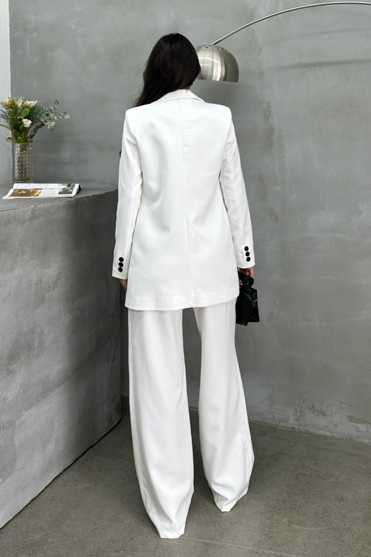Blazer Veste Femme Blanc Coupe Décontractée Un Bouton Doublé - Görsel 8