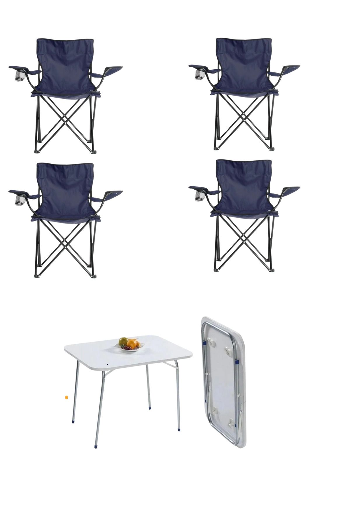 ELİOSA 4 Adet LACİVERT Taşınabilir Katlanır Kamp Sandalyesi ve 1 Adet 60X45 cm Katlanır Masa