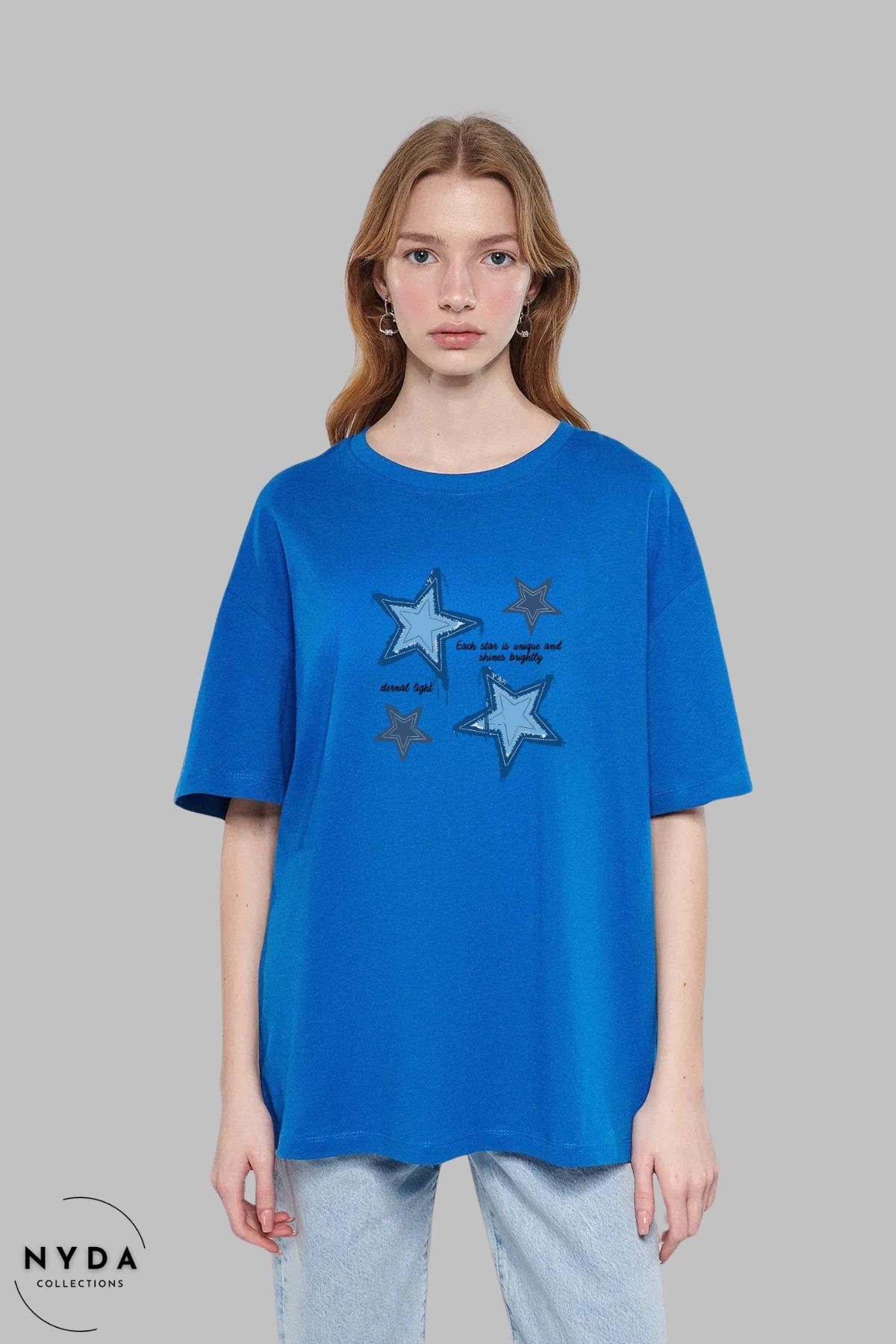 Nyda Collections Unisex Bisiklet Yaka Yıldız Leopar Baskılı Pamuk Oversize Kısa Kollu Tişört