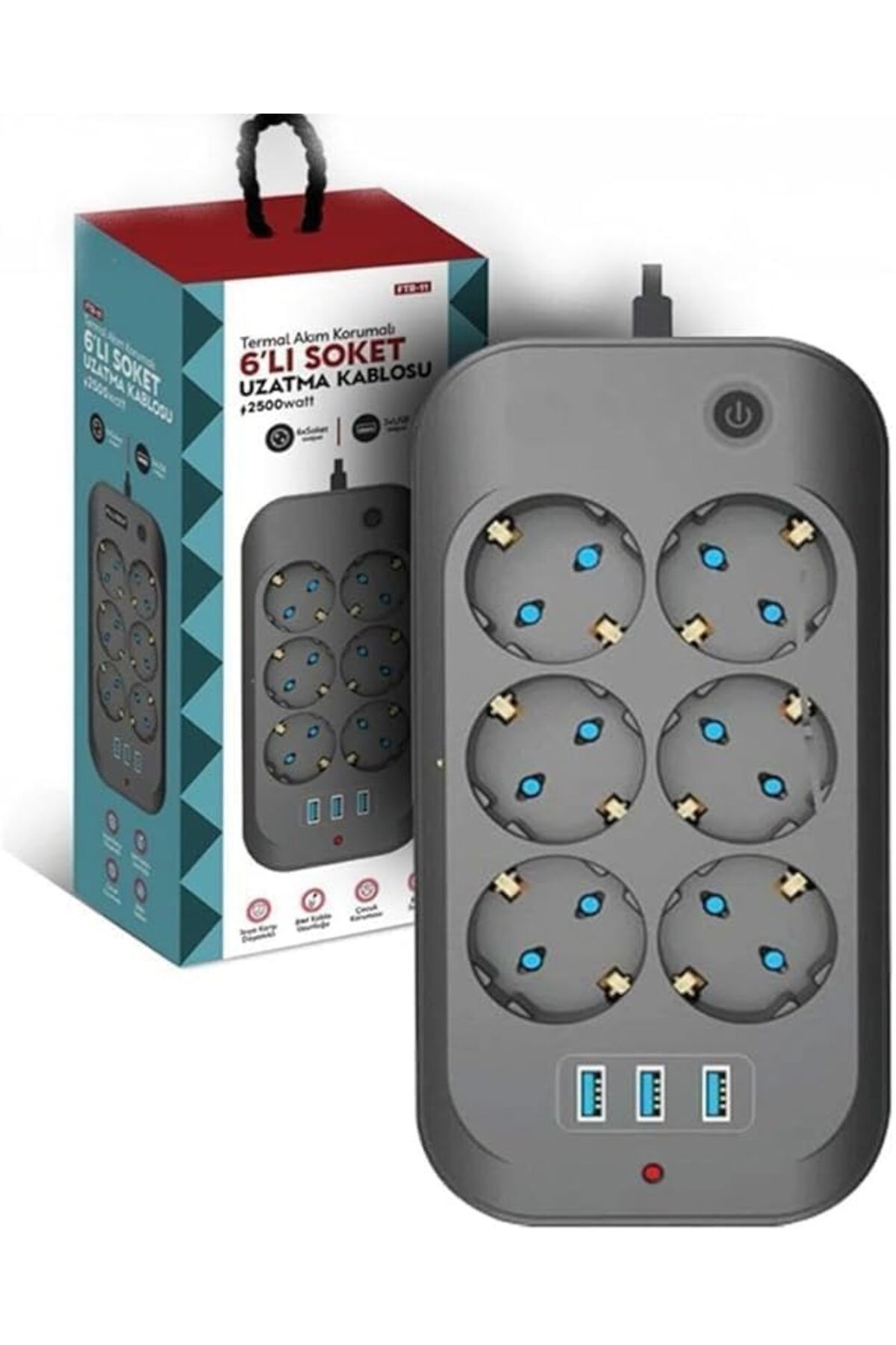 KDROĞLU plamystical Hoala Termal Akım Korumalı, 6'Lı Priz Soketi, 3x USB Girişli Çocuk Korumalı Uzatma