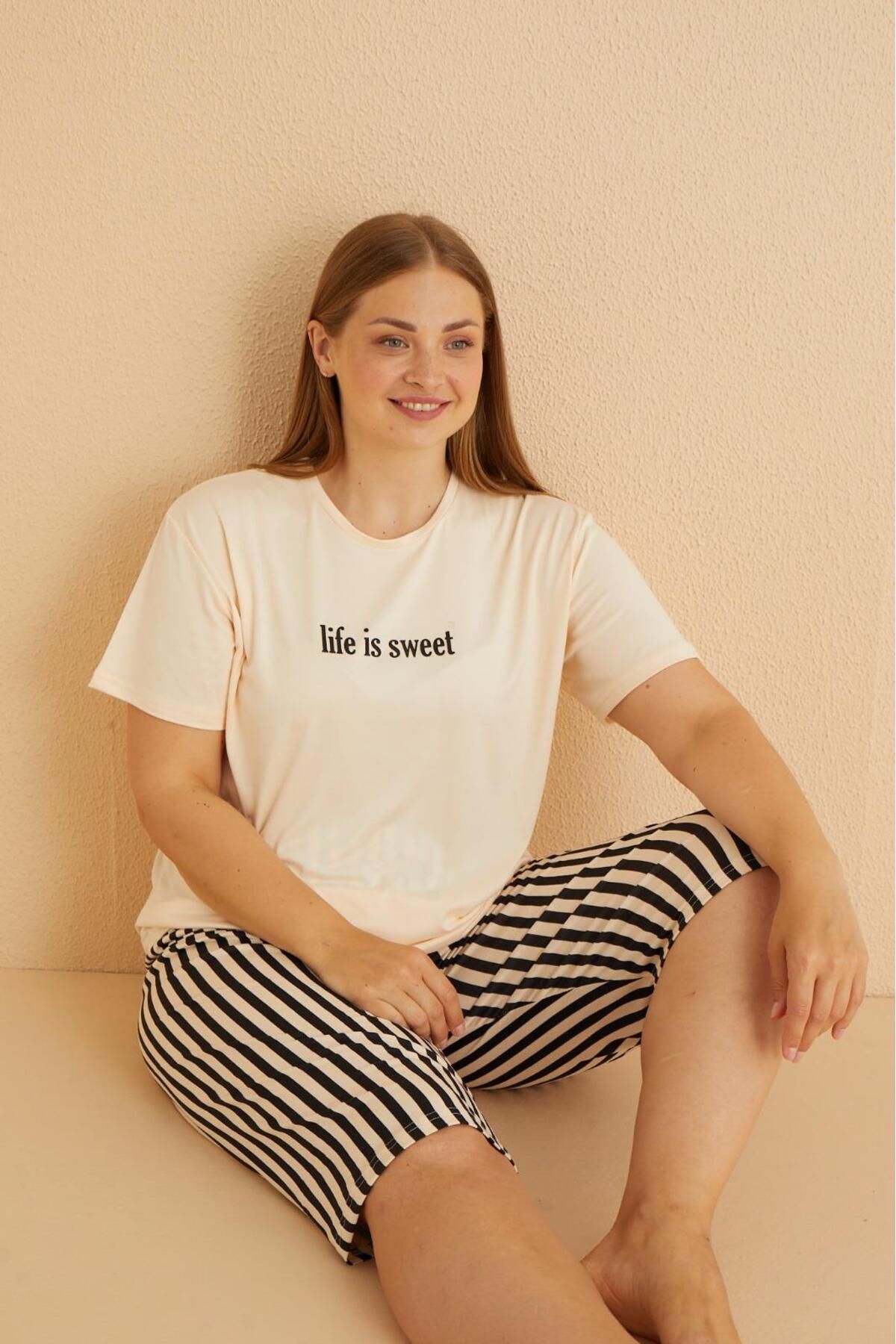 Mihra Stil Mihra 50503-772 Kadın Yazlık Büyük Beden Kapri Pijama Takımı