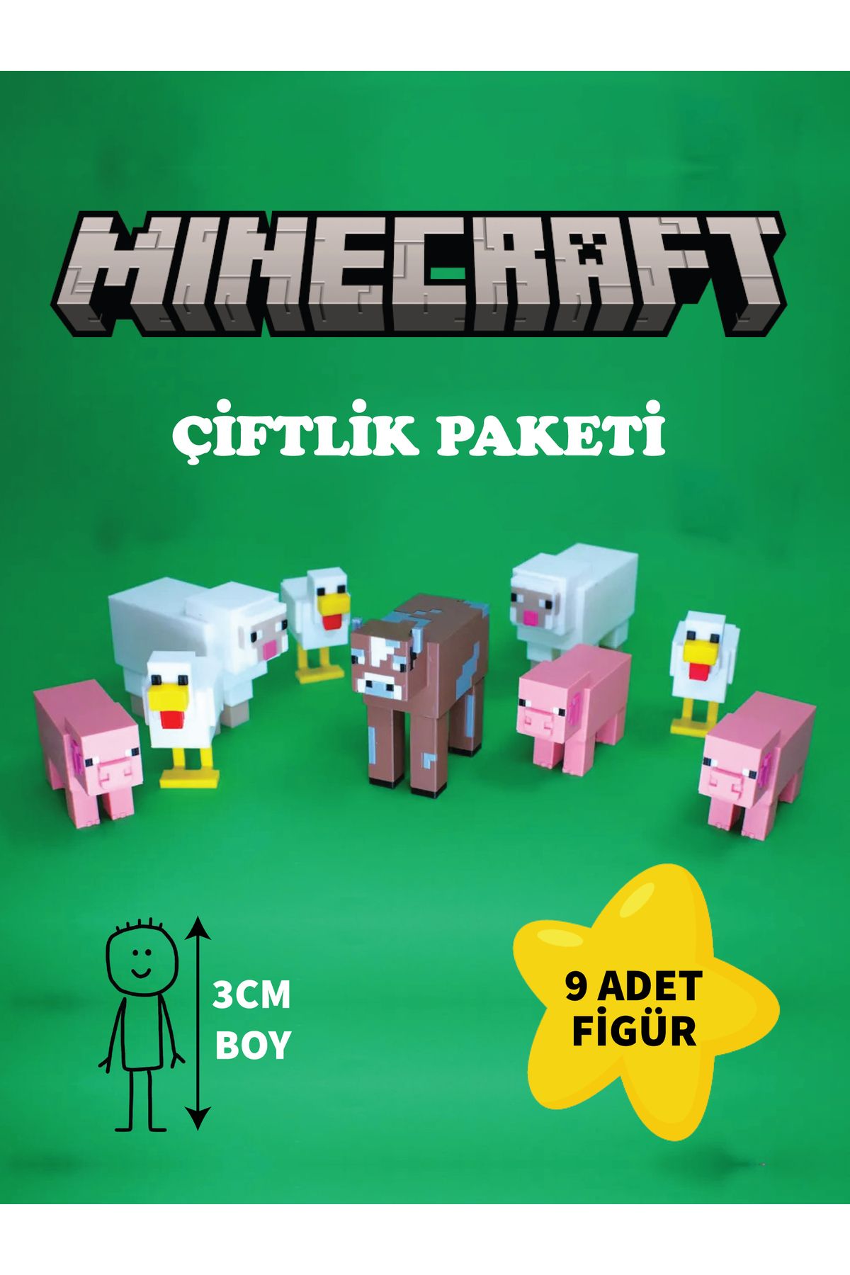GiginGo Minecraft Çiftlik Figür Seti – 9 Parça Mini Hayvan Oyuncakları (Tavuk, Domuz, Koyun, İnek) – 3 cm