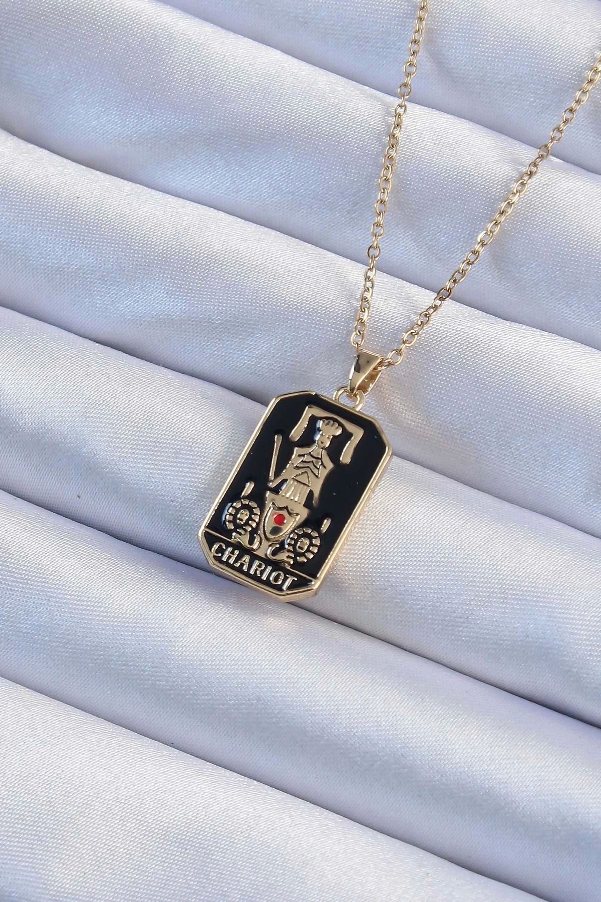 STOREMAX 316L Çelik Zincir Altın Renk Siyah Mineli Tarot Kolye