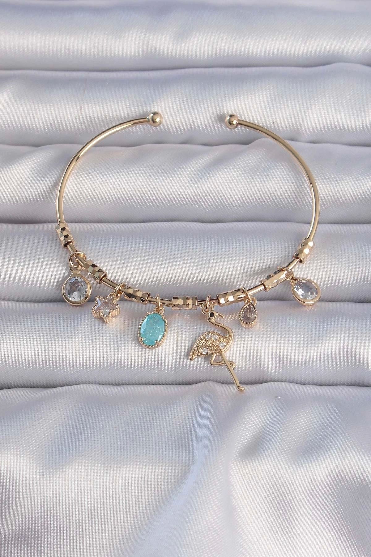 STOREMAX Pirinç Altın Renk Zirkon Taşlı Flamingo Figürlü Charm Bileklik