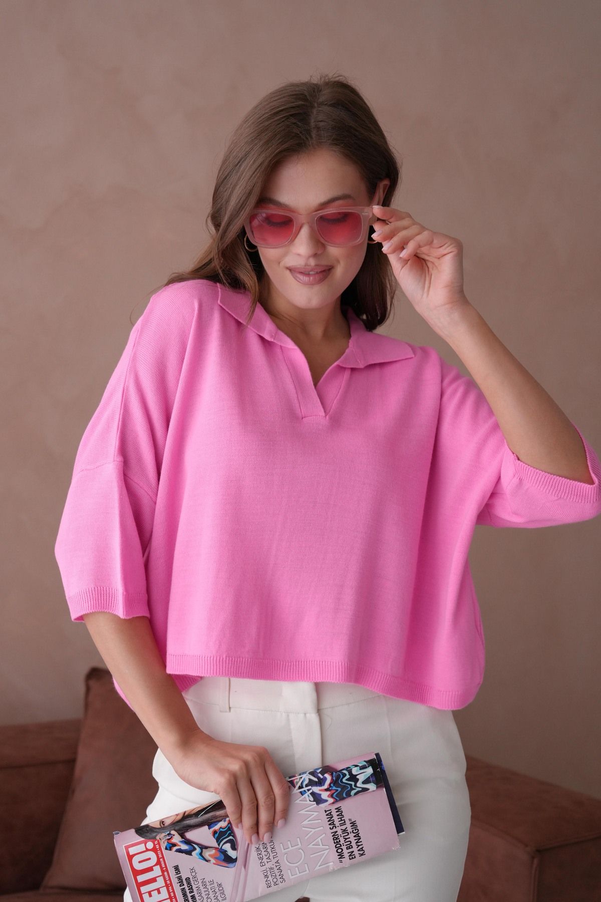 WOMAN VISION Triko Kumaş Polo Yaka Oversize Kalıp Crop Pembe Kadın Bluz 002