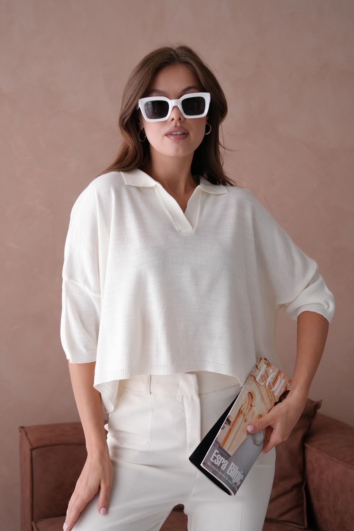 WOMAN VISION Triko Kumaş Polo Yaka Oversize Kalıp Crop Beyaz Kadın Bluz 002