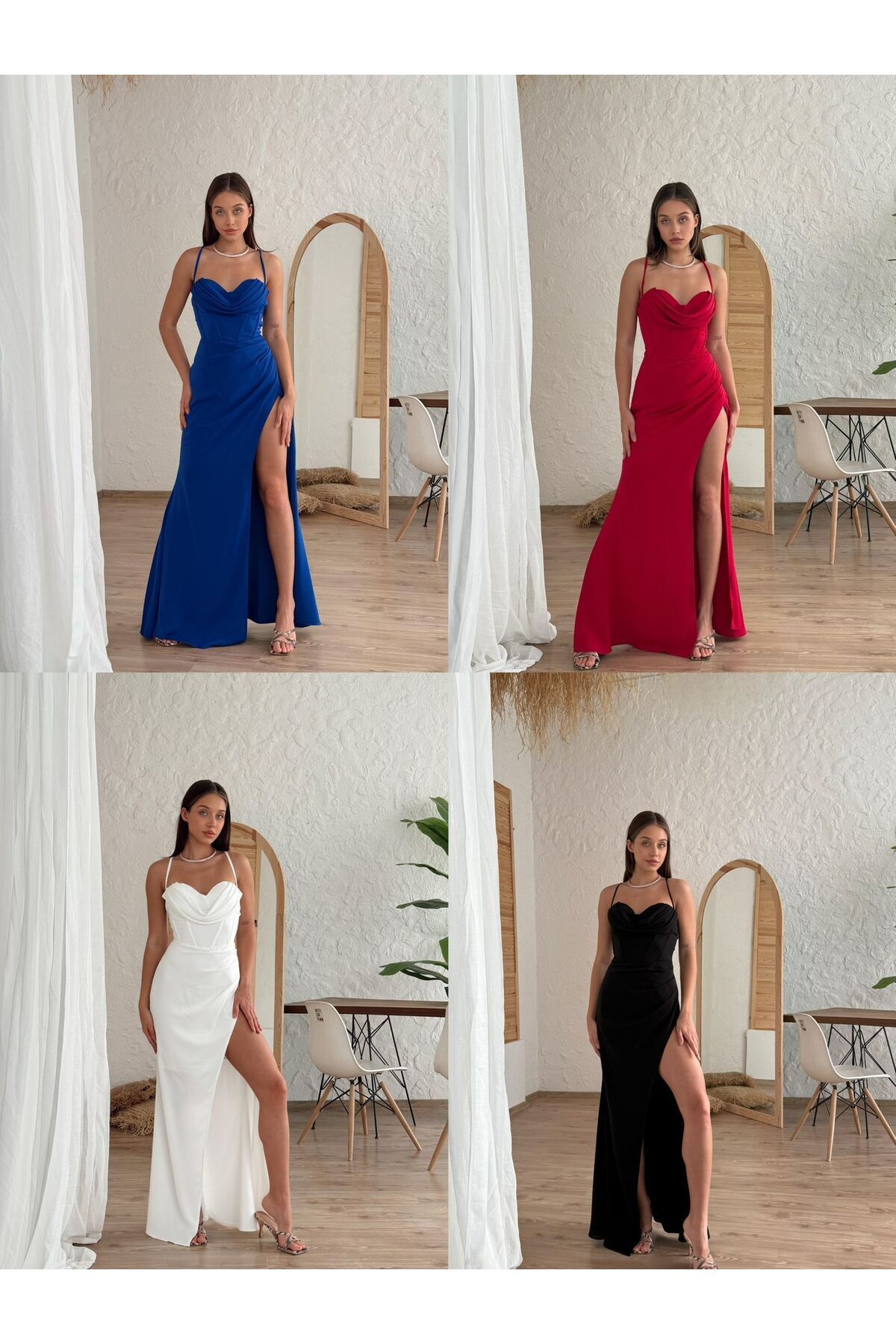 gülcanla moda Kırmızı Maksi Yırtmaçlı Abiye Elbise